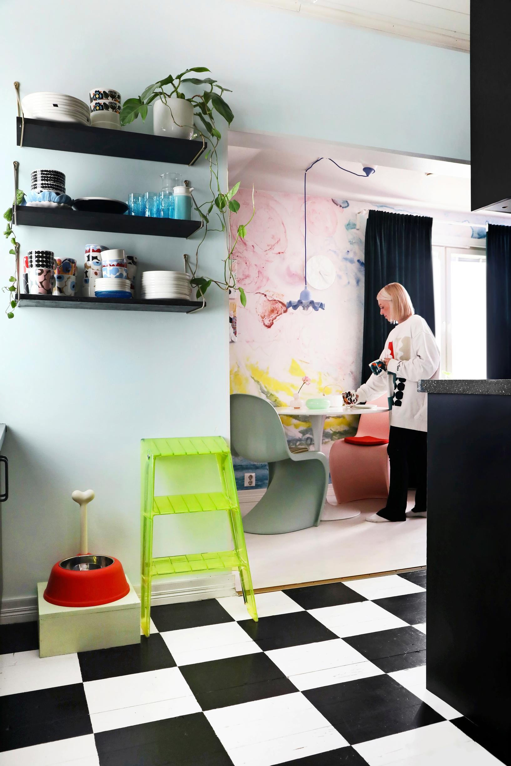 koiran ruokapaikka  ja ruudullinen lattia