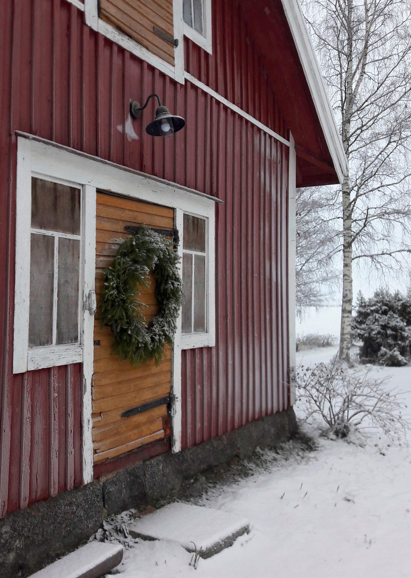 Vanha tilan piharakennus on koristeltu valtavalla havukranssilla.