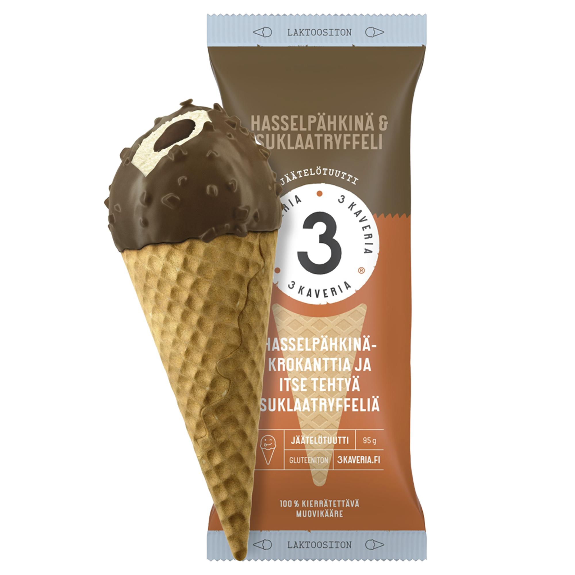 3 Kaveria Hasselpähkinä & Suklaatryffeli jäätelötuutti 3,29 € / 95 g.