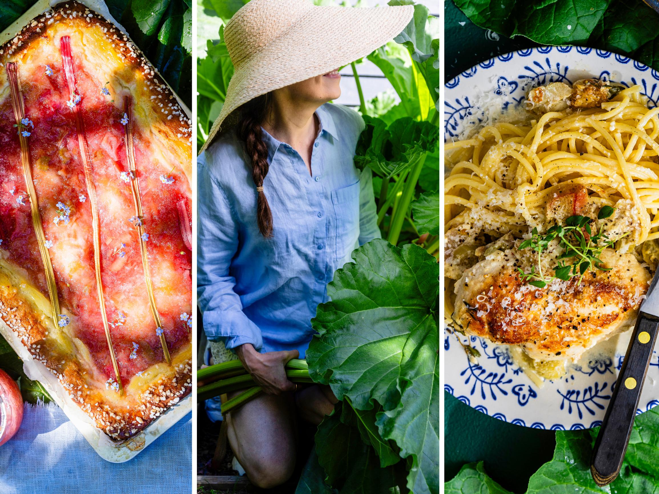 Koko päivä raparperia! Aamupalaksi rapea crumble, lounaaksi raparperi-kanapasta ja kahvipöytään pehmeä peltipulla