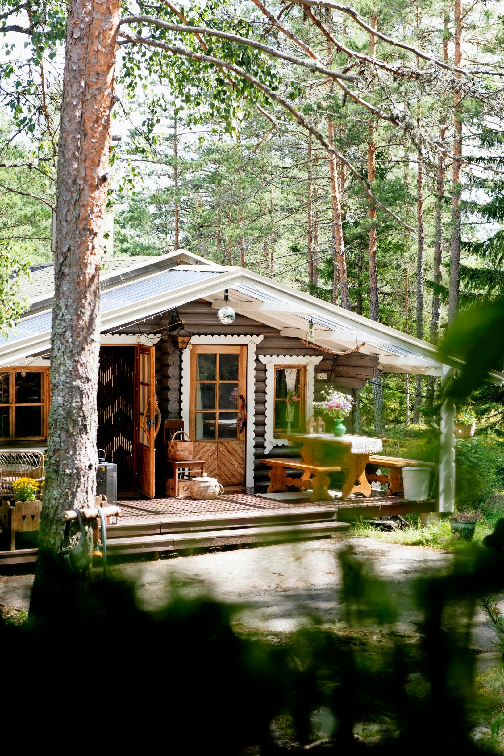 ruskea hirsimökki ja terassilla pirttiryhmä, ympärillä metsää