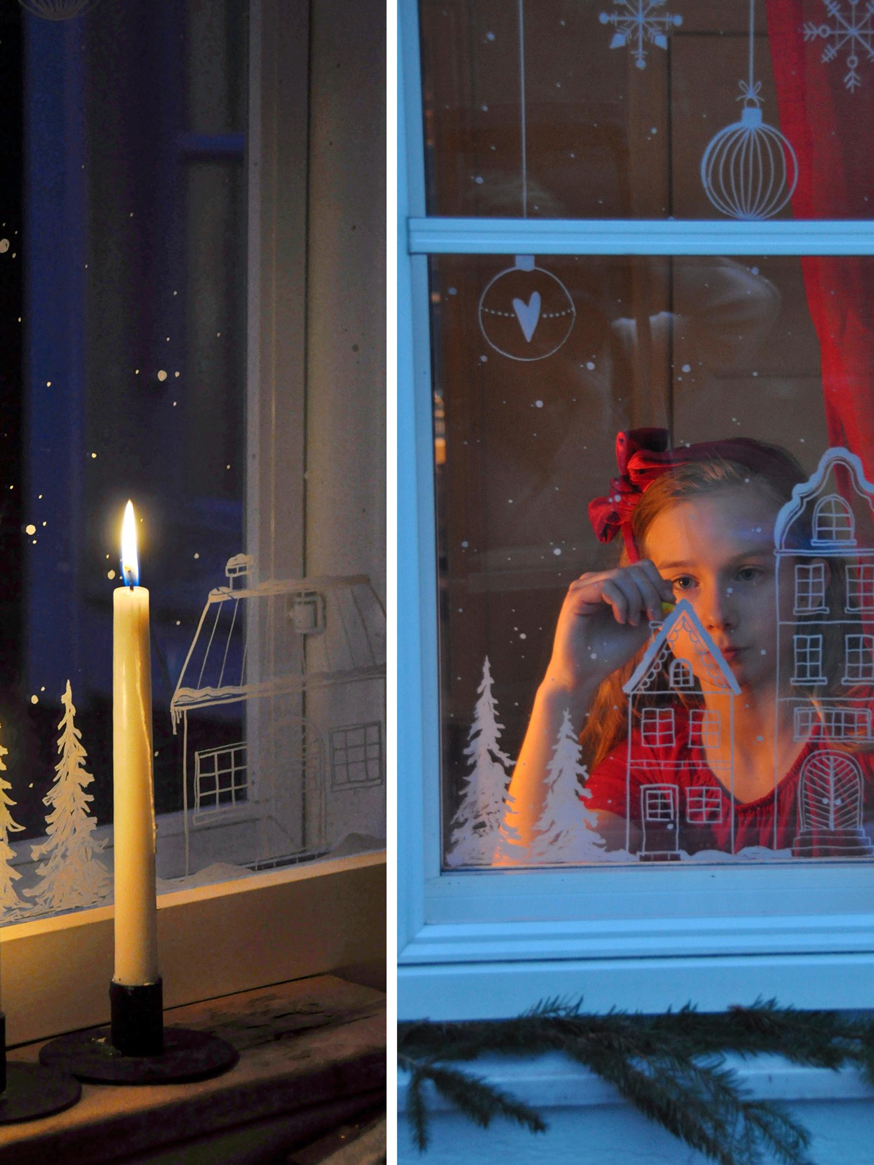 Jouluinen ikkunapiirros – talvinen lumimaisema ilahduttaa varmasti koko naapurustoa