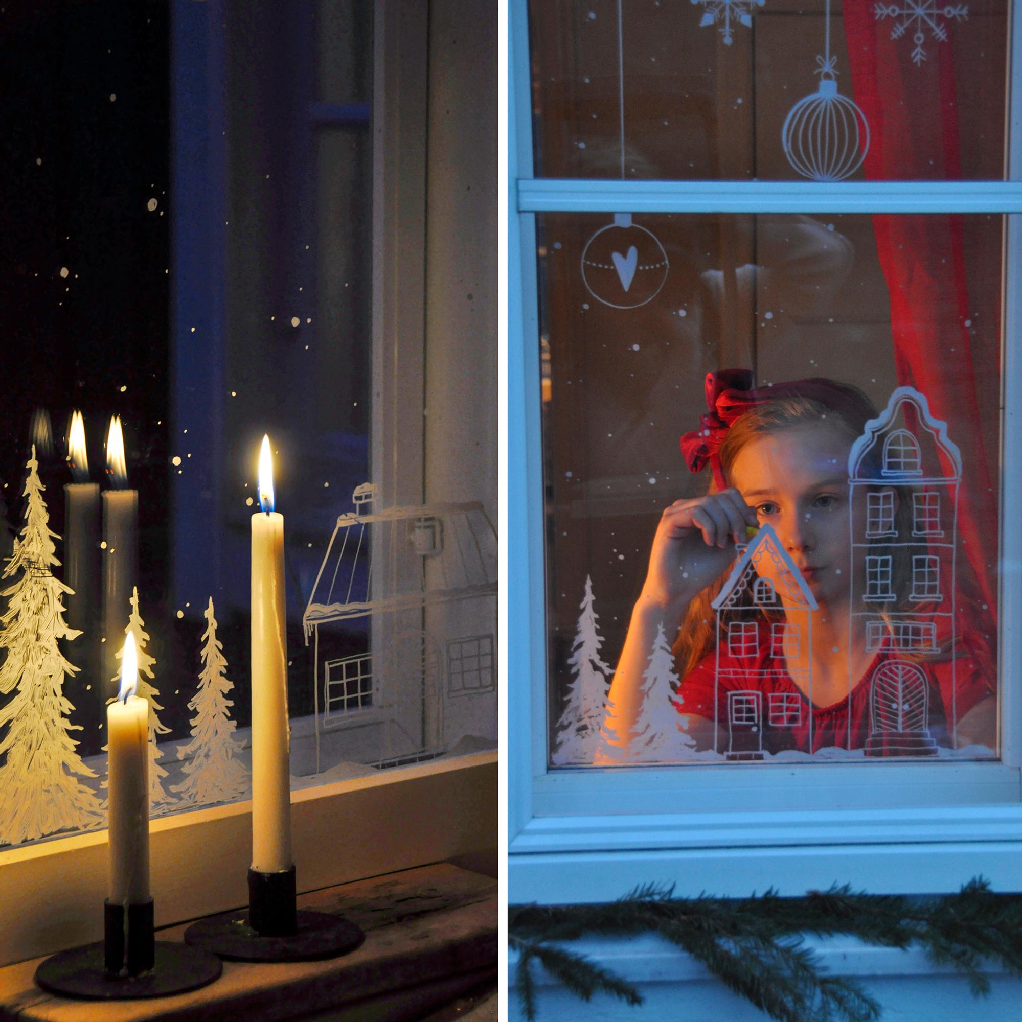 Jouluinen ikkunapiirros – talvinen lumimaisema ilahduttaa varmasti koko naapurustoa