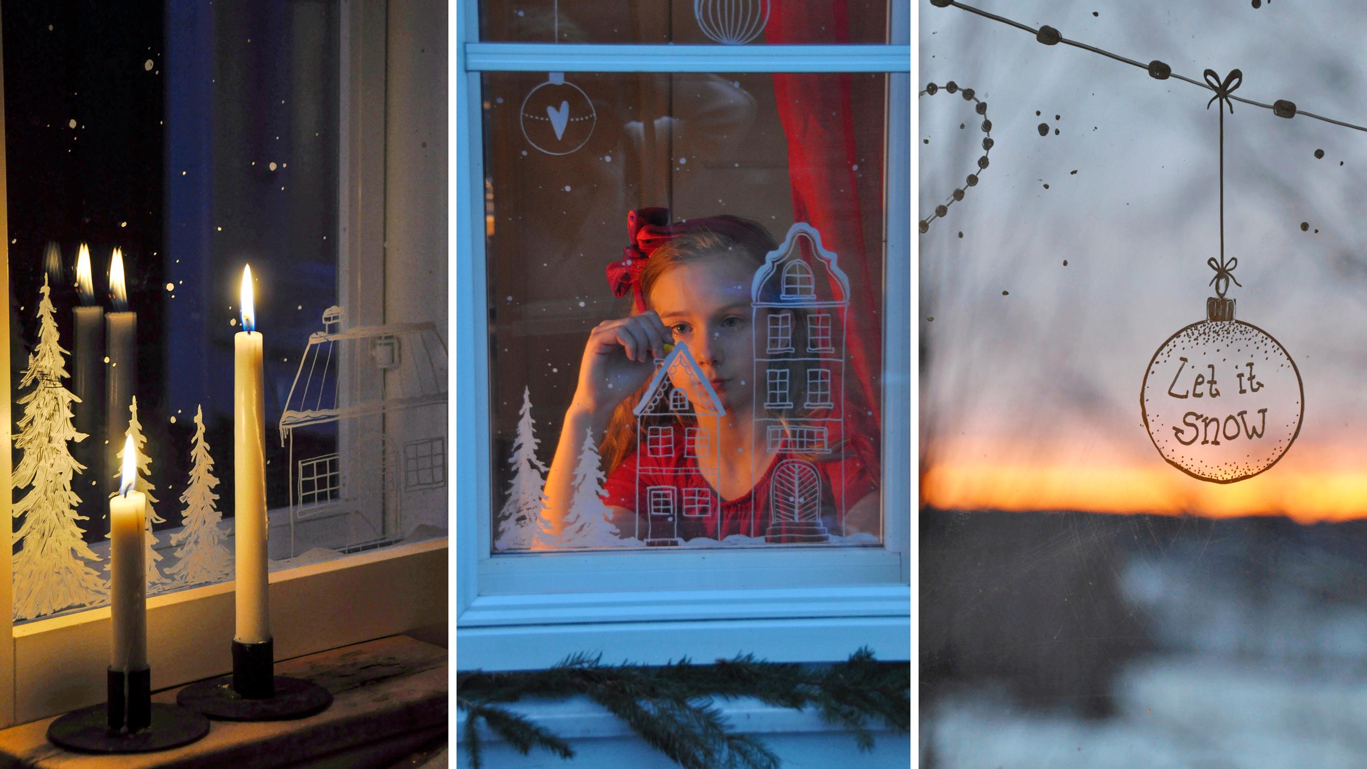Jouluinen ikkunapiirros – talvinen lumimaisema ilahduttaa varmasti koko naapurustoa