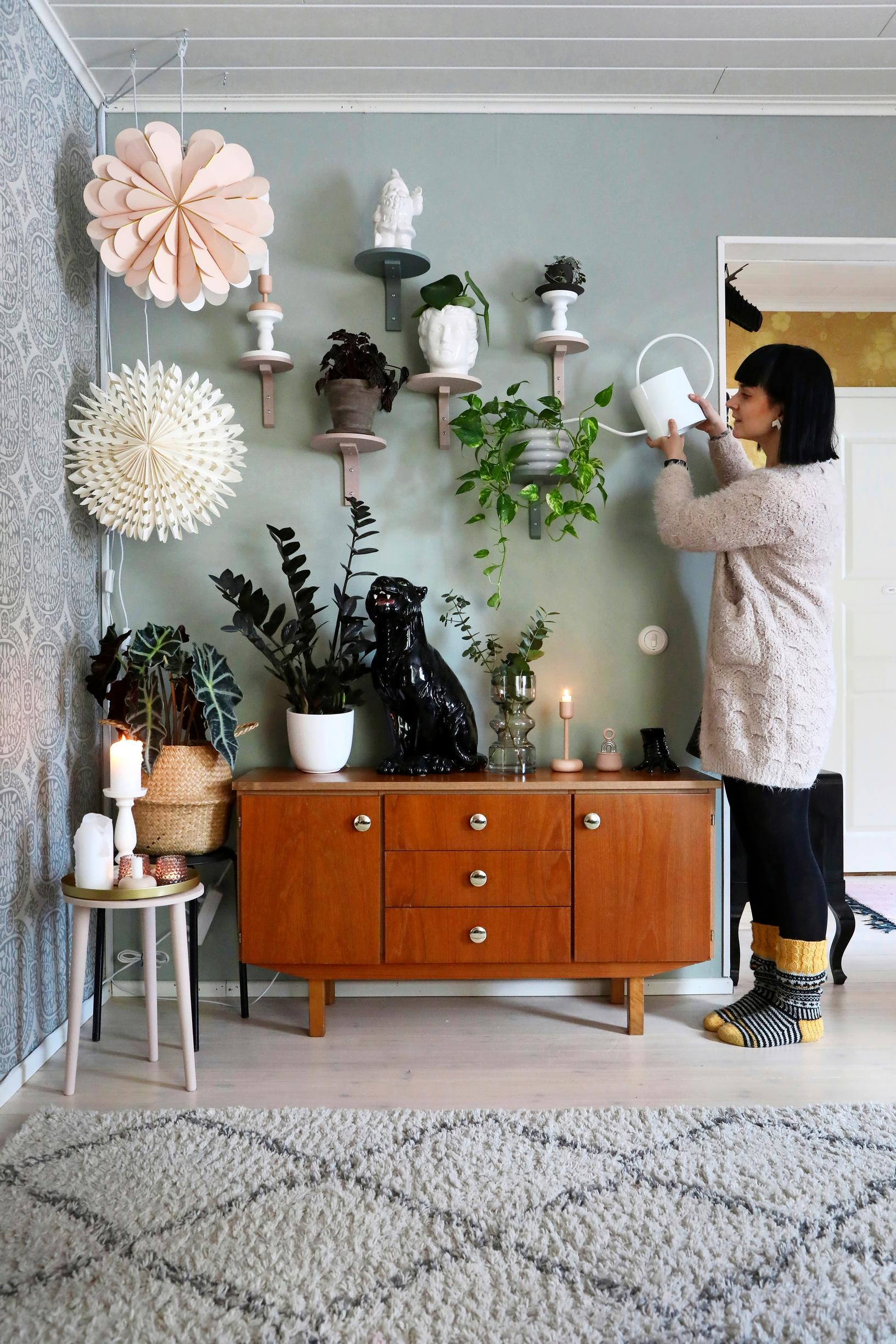 Outi kastelee huonekasveja