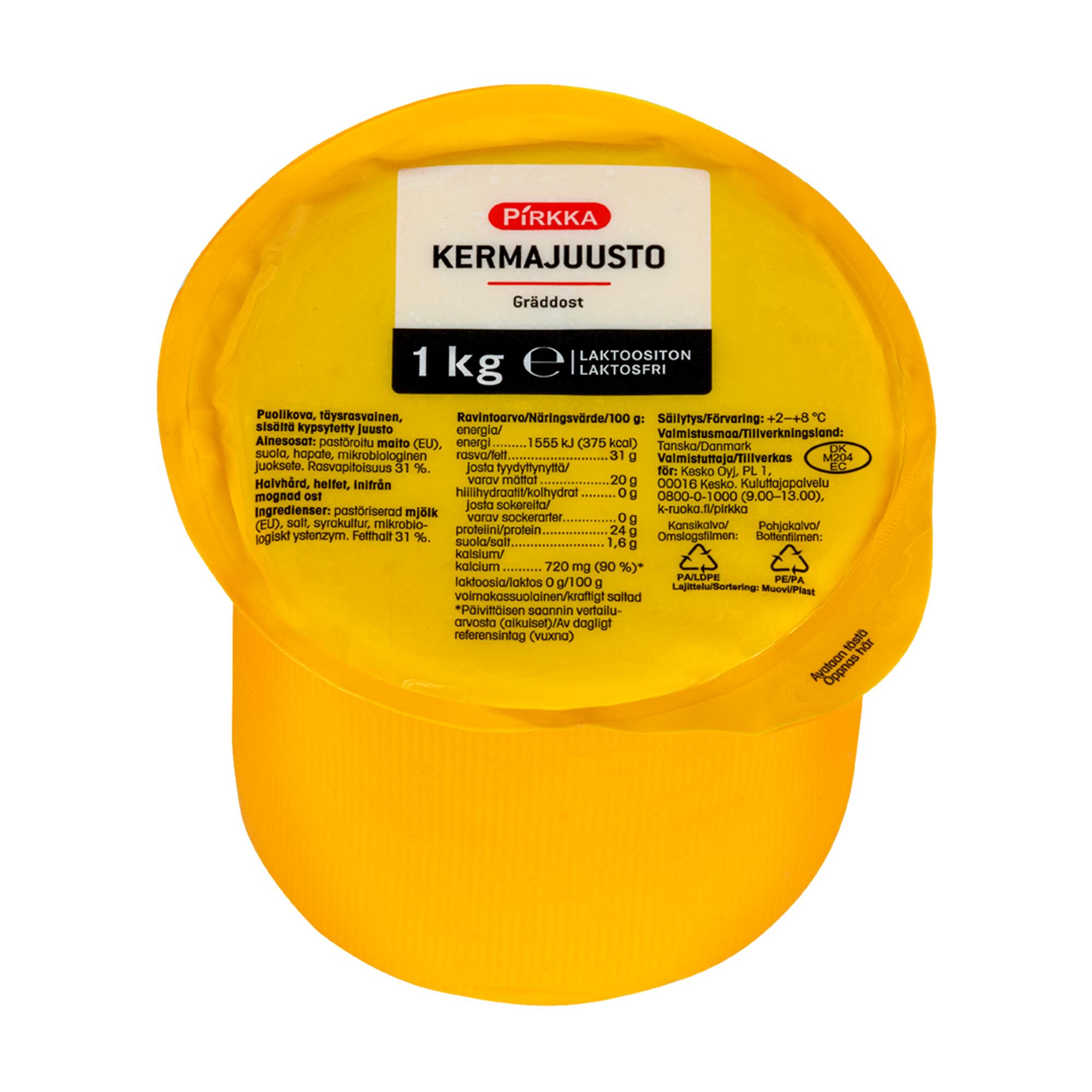 Pirkka kermajuusto 1 kg laktoositon, 6,59 € / kg.