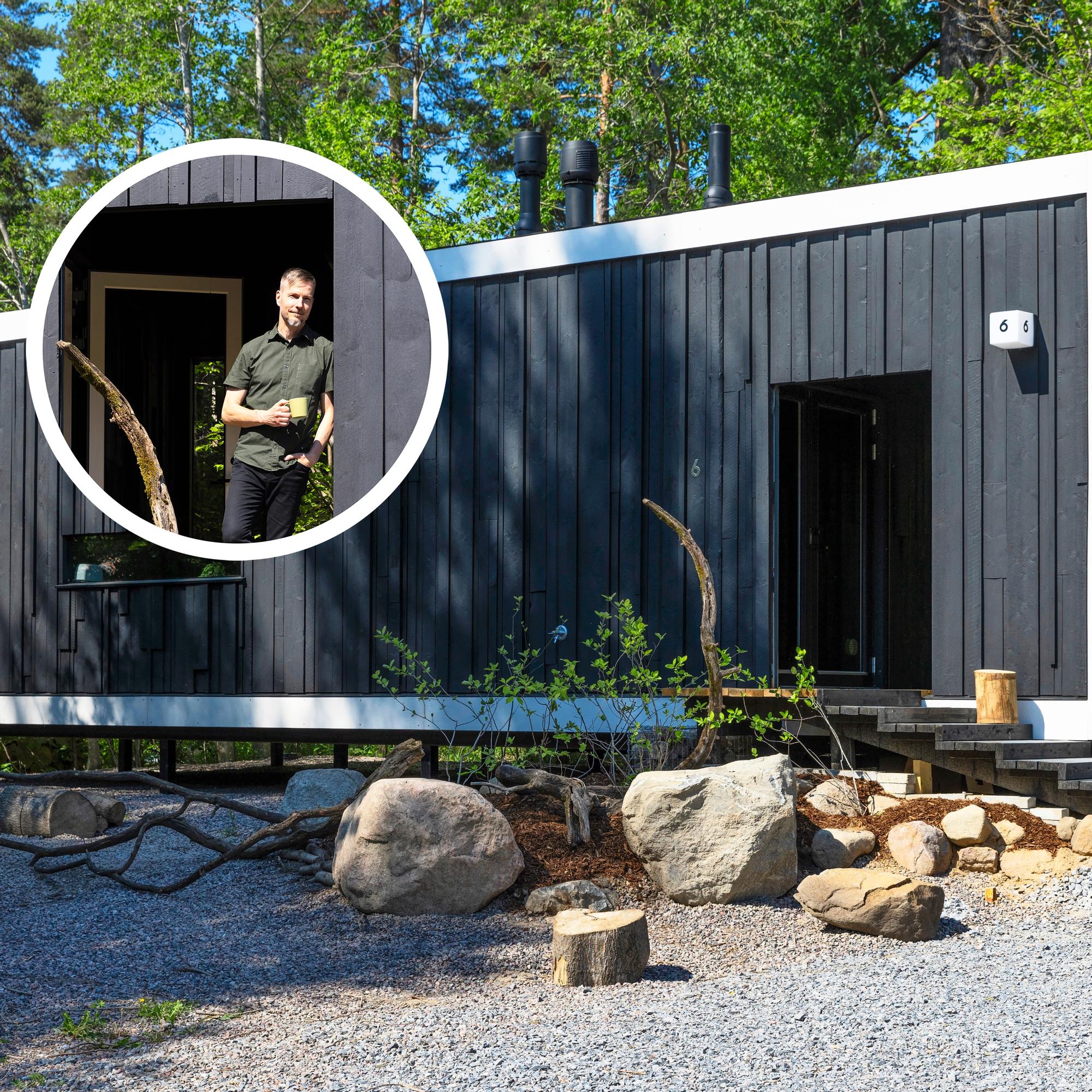 Musta minitalo on ekoprofessorin 34 neliön unelma – konttimaiseen kotiin mahtuu jopa sauna!
