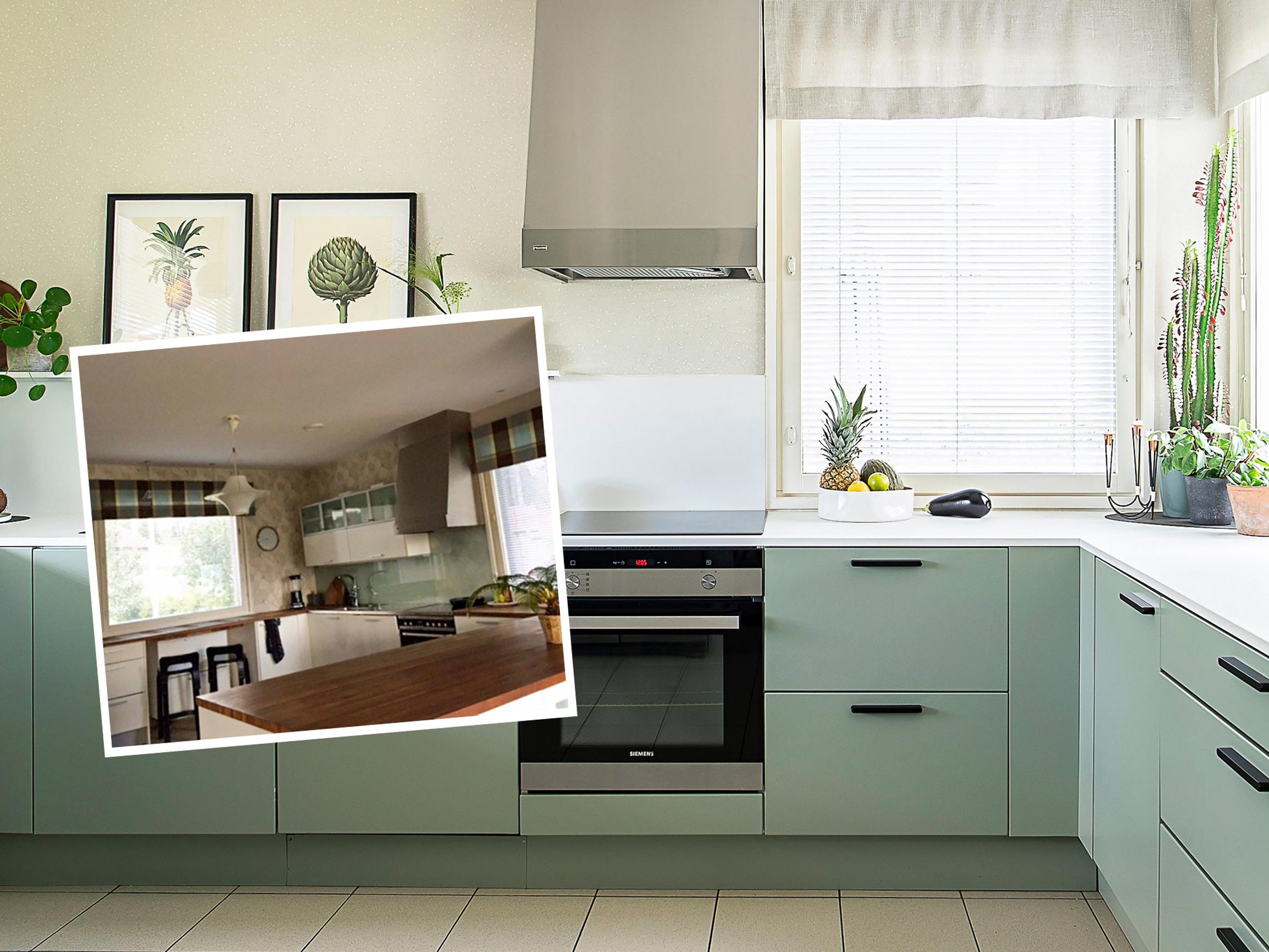 20 vuotta vanha keittiö sai jatkoaikaa edullisella pintaremontilla – raikas muutos toteutettiin maalaamalla ja vanhaa kunnostamalla