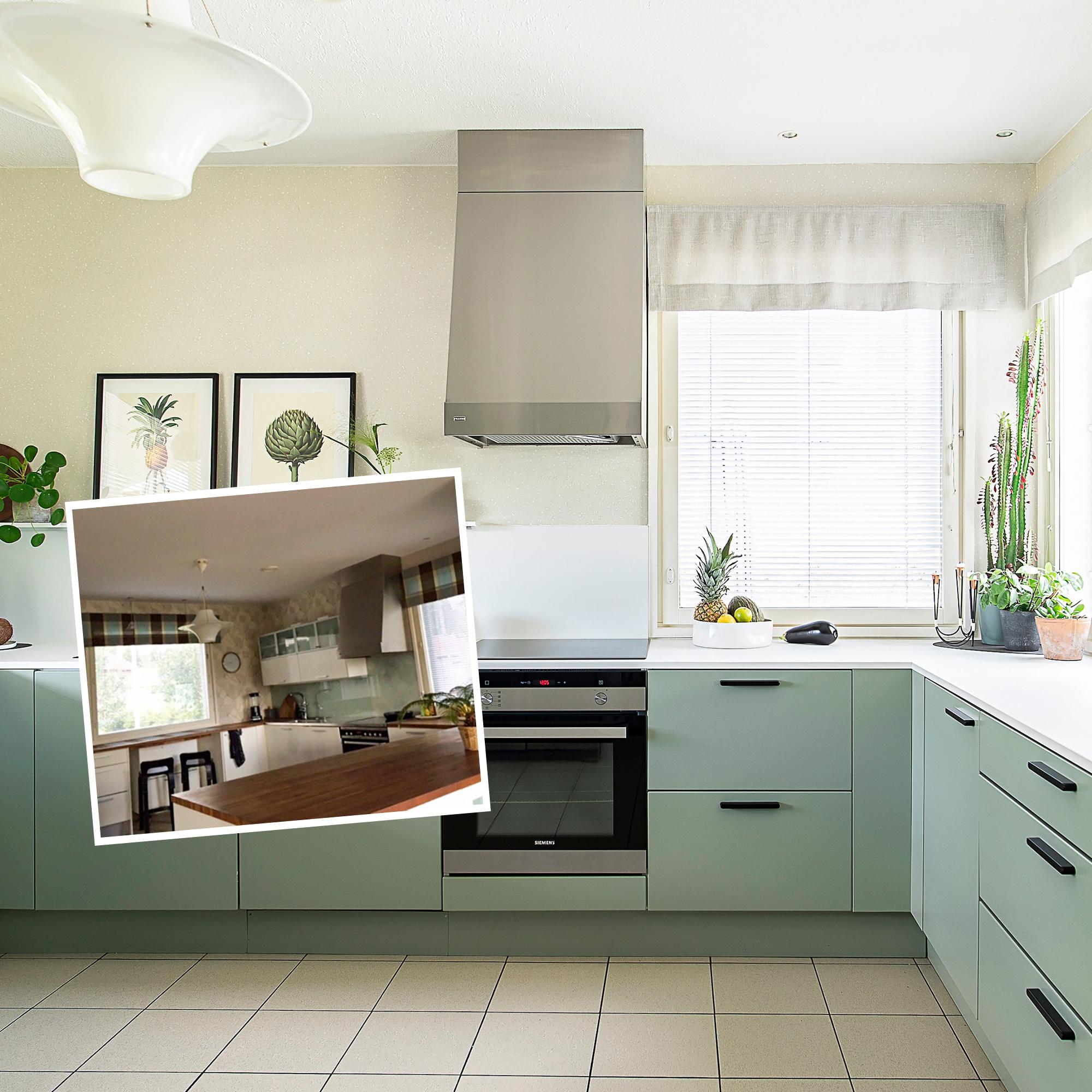 20 vuotta vanha keittiö sai jatkoaikaa edullisella pintaremontilla – raikas muutos toteutettiin maalaamalla ja vanhaa kunnostamalla