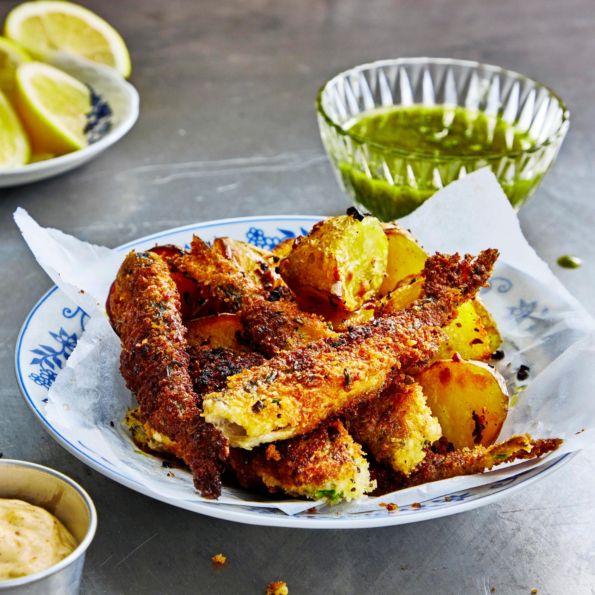 Fish & chips muikuista – mojokastike ja cajunmajoneesi antavat potkua kotimaiselle kalalle