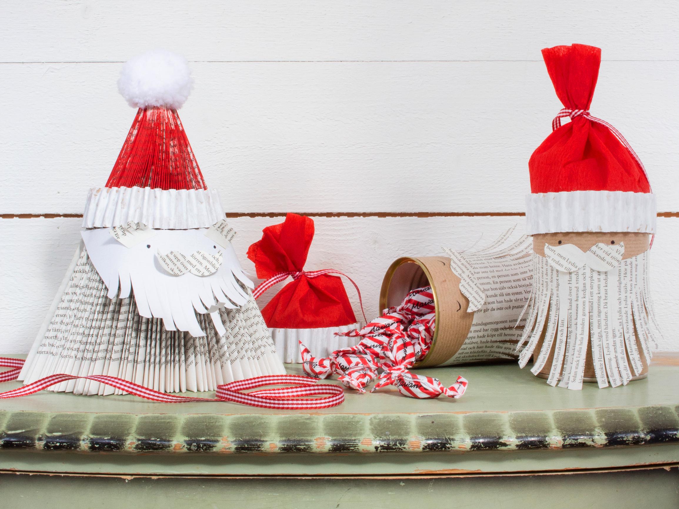 Tonttuaskartelua kierrätysmateriaaleista – näin teet tontut vanhoista kirjoista ja säilyketölkeistä