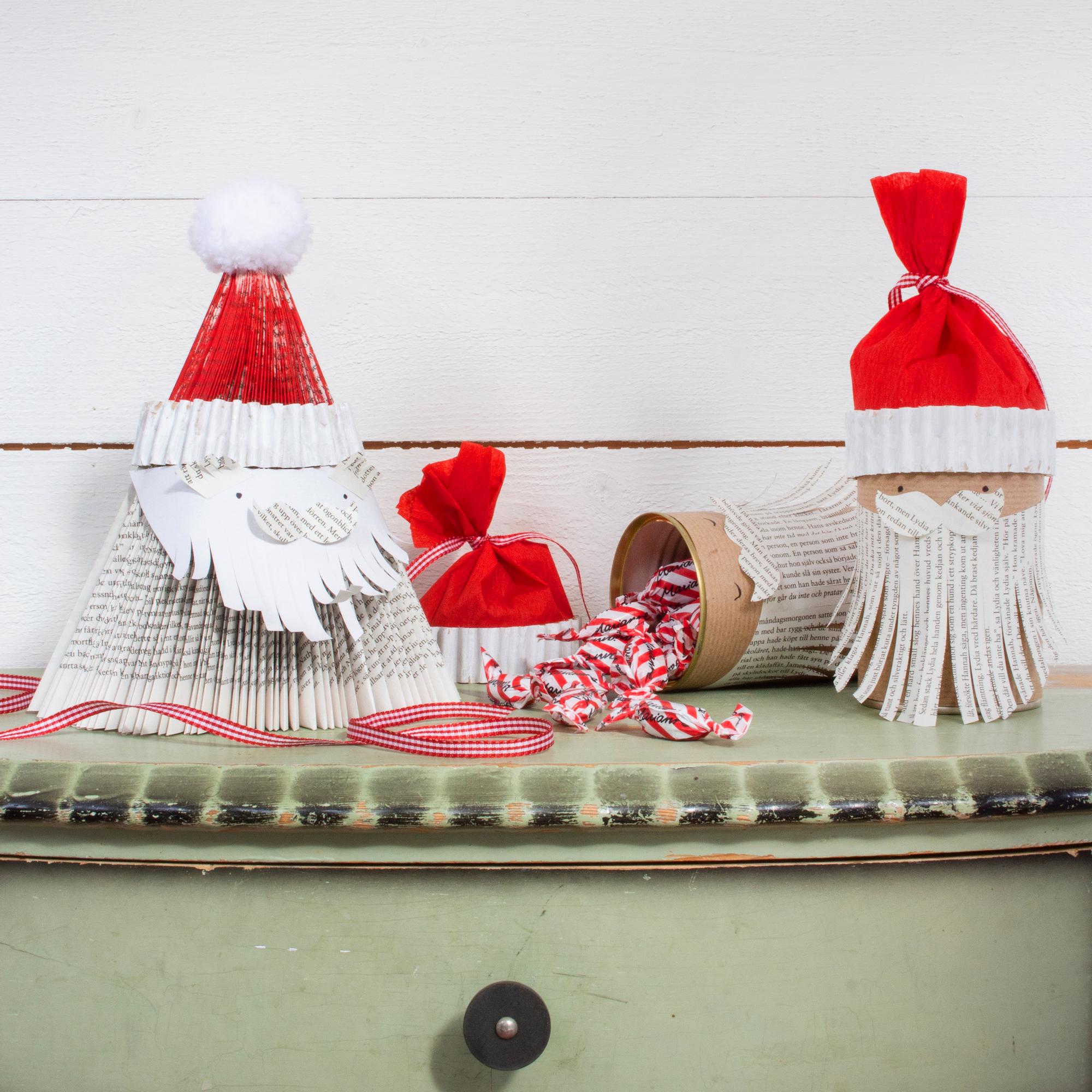 Tonttuaskartelua kierrätysmateriaaleista – näin teet tontut vanhoista kirjoista ja säilyketölkeistä