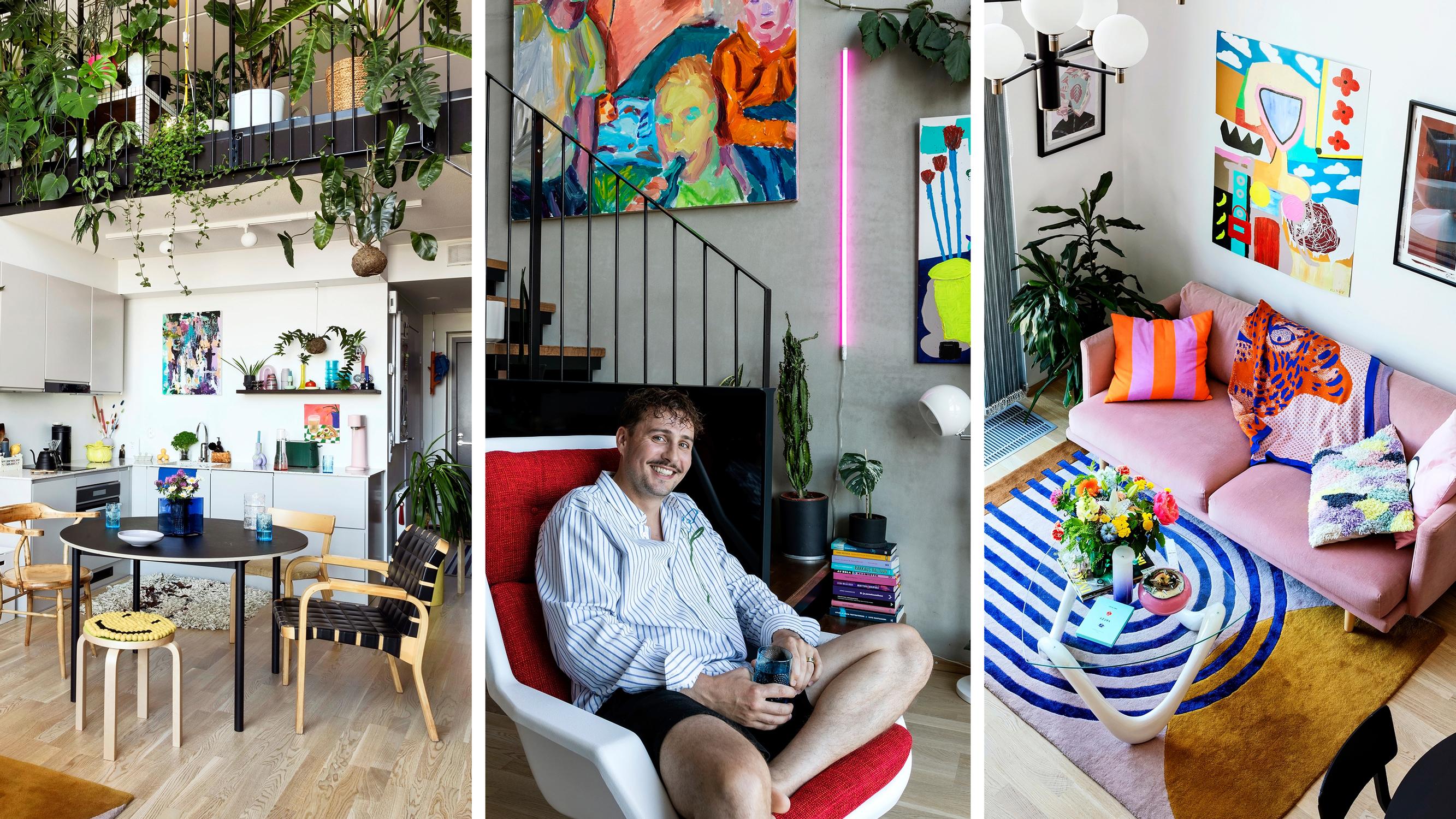 33 neliön loft-koti on Joonas Pesosen villin värikäs turvapesä – ”Rakastan värien räiskettä ja loiskintaa”