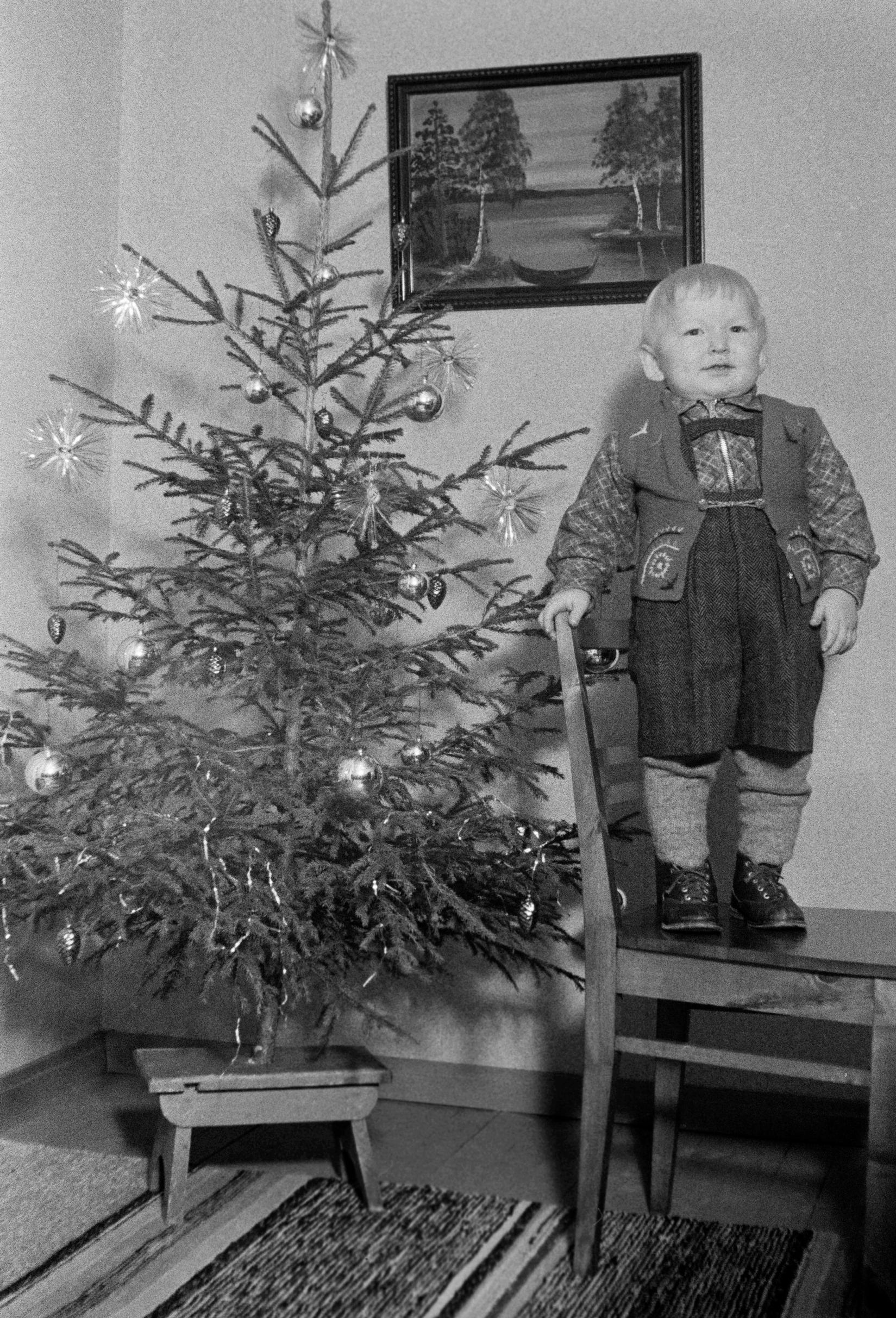 Poika seisoo tuolilla joulukuusen vieressä