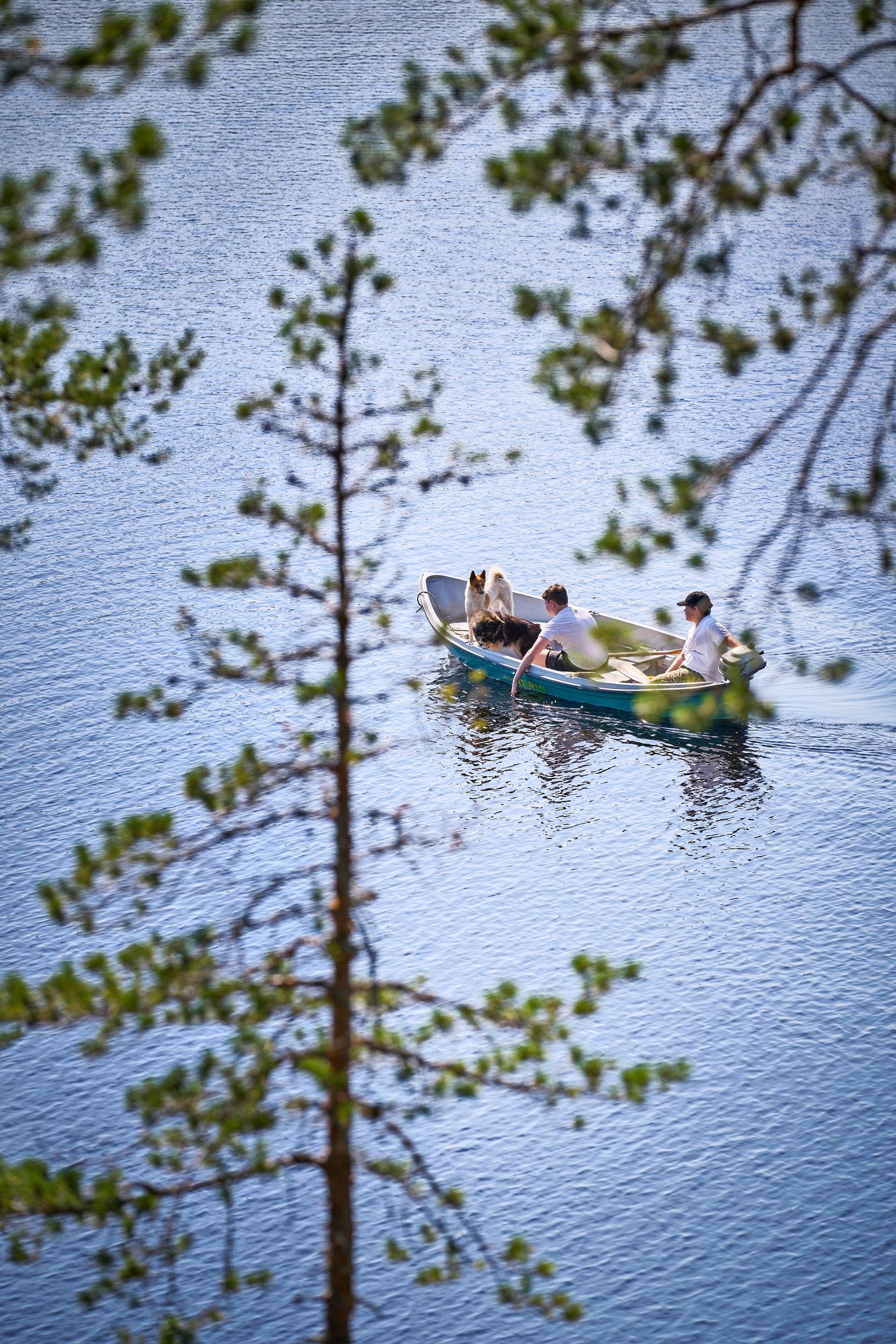 Lahden perheen pojat ja koira moottoriveneessä järvellä