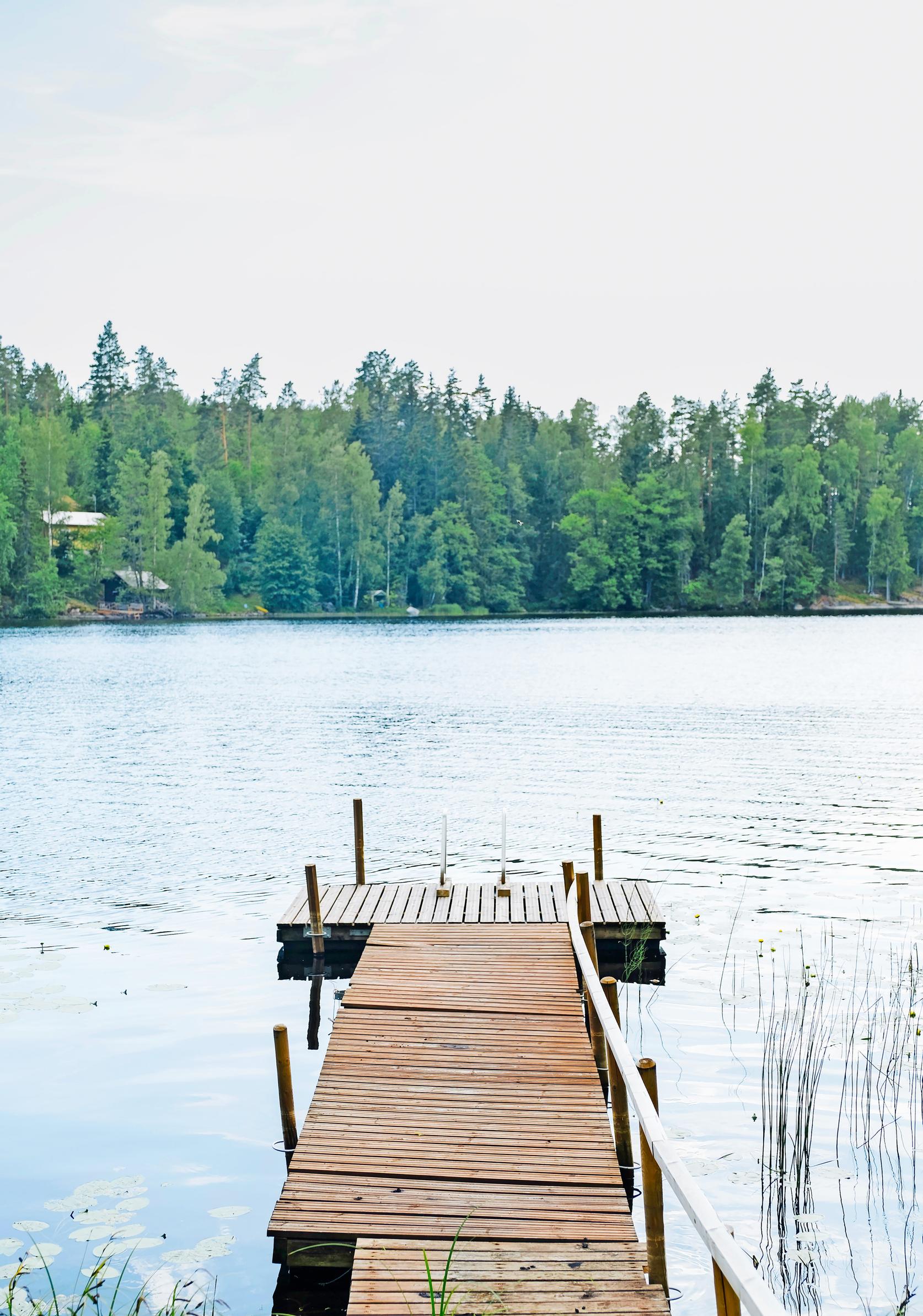 pitkä pylväillä tuettu puulaituri järvellä, vastarannalla metsää, mökin omistaa Meiju Suvas