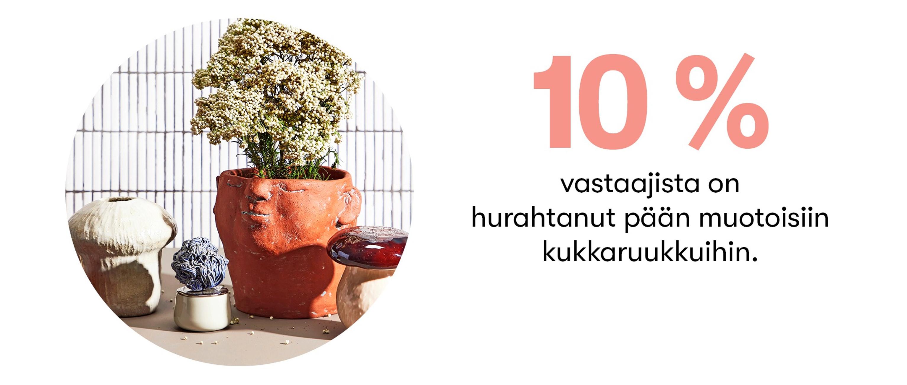 Pään muotoinen ruukku, jossa kukkia