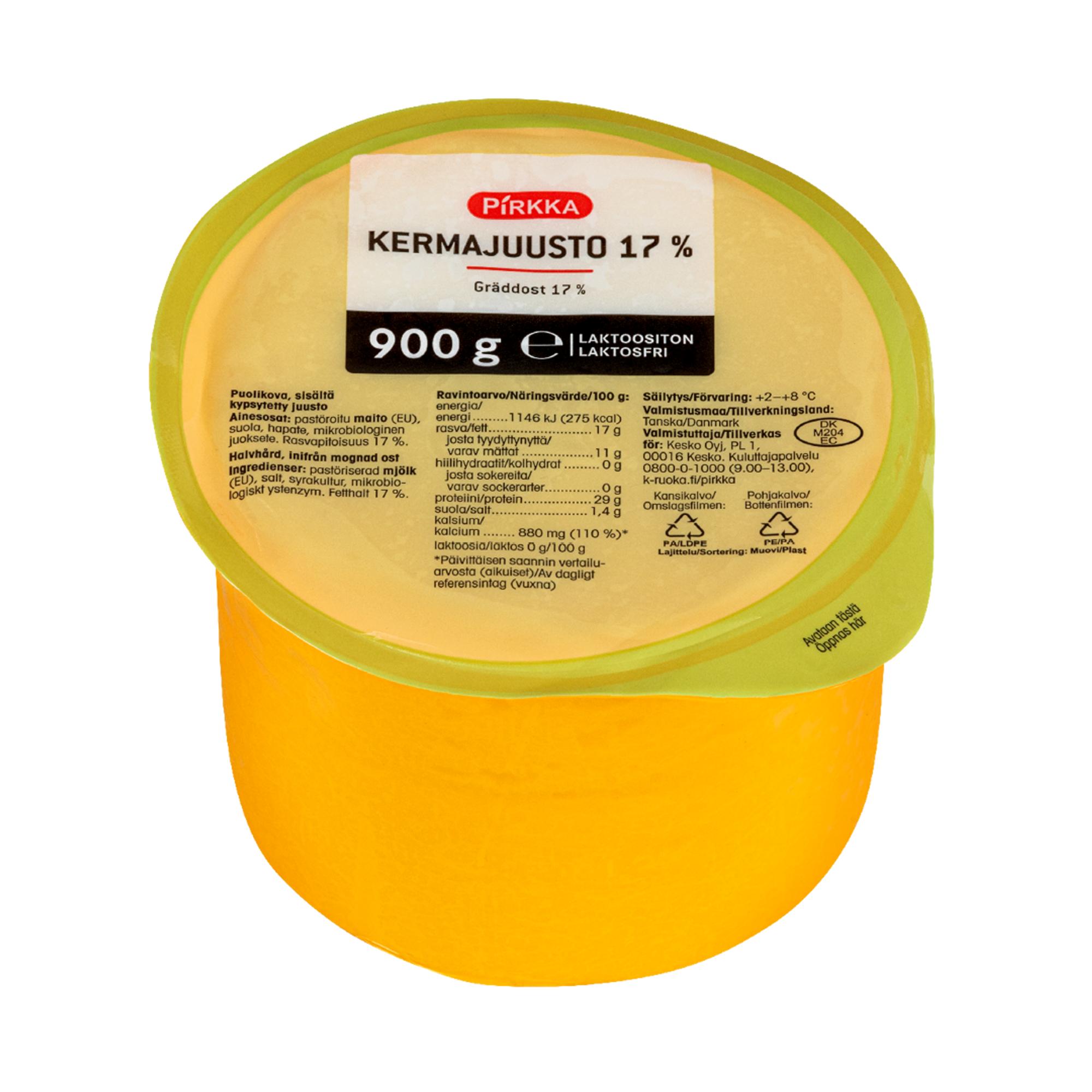 Pirkka kermajuusto 17 %, 6,99 €/900 g.