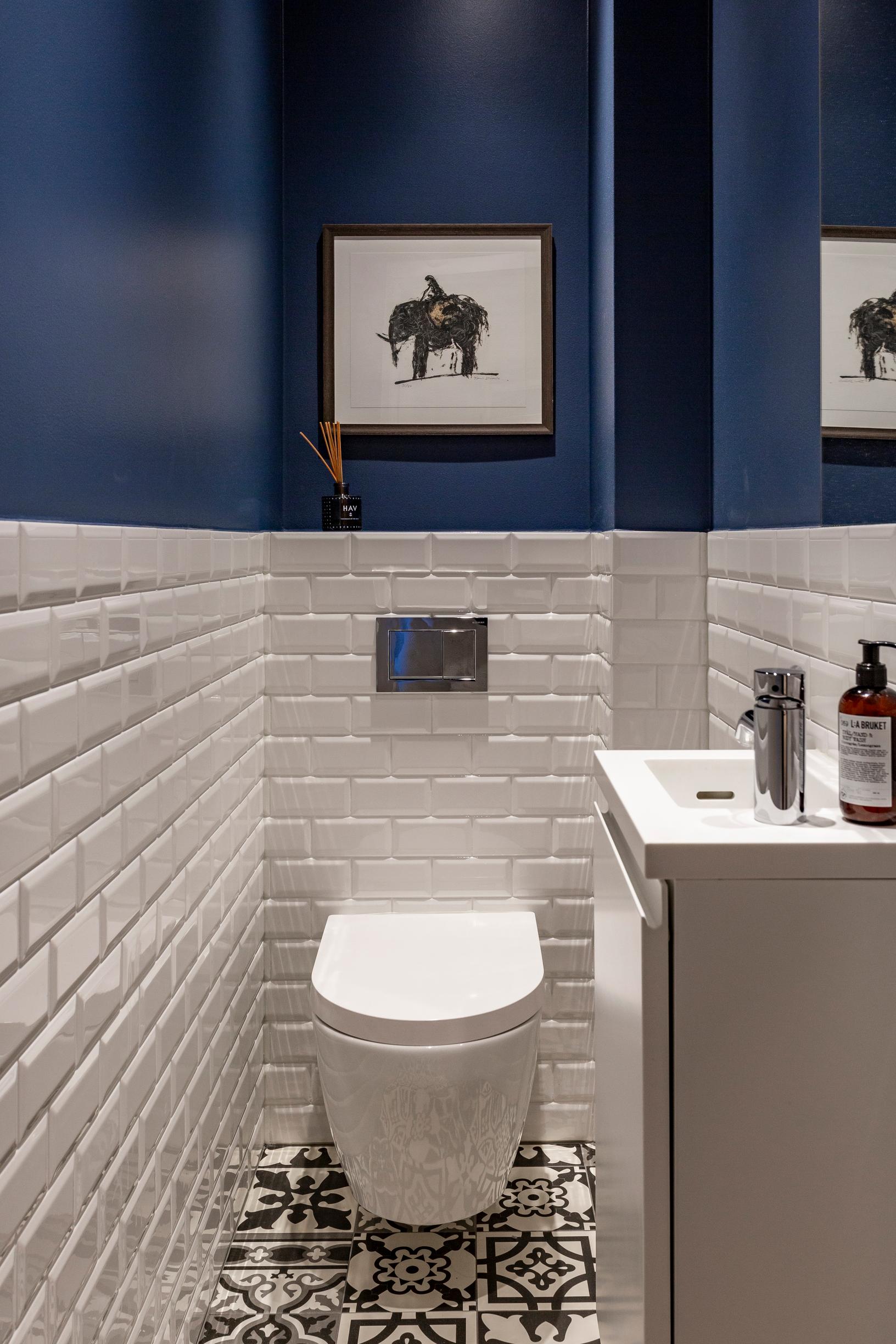 Tummansiniseksi maalattu wc