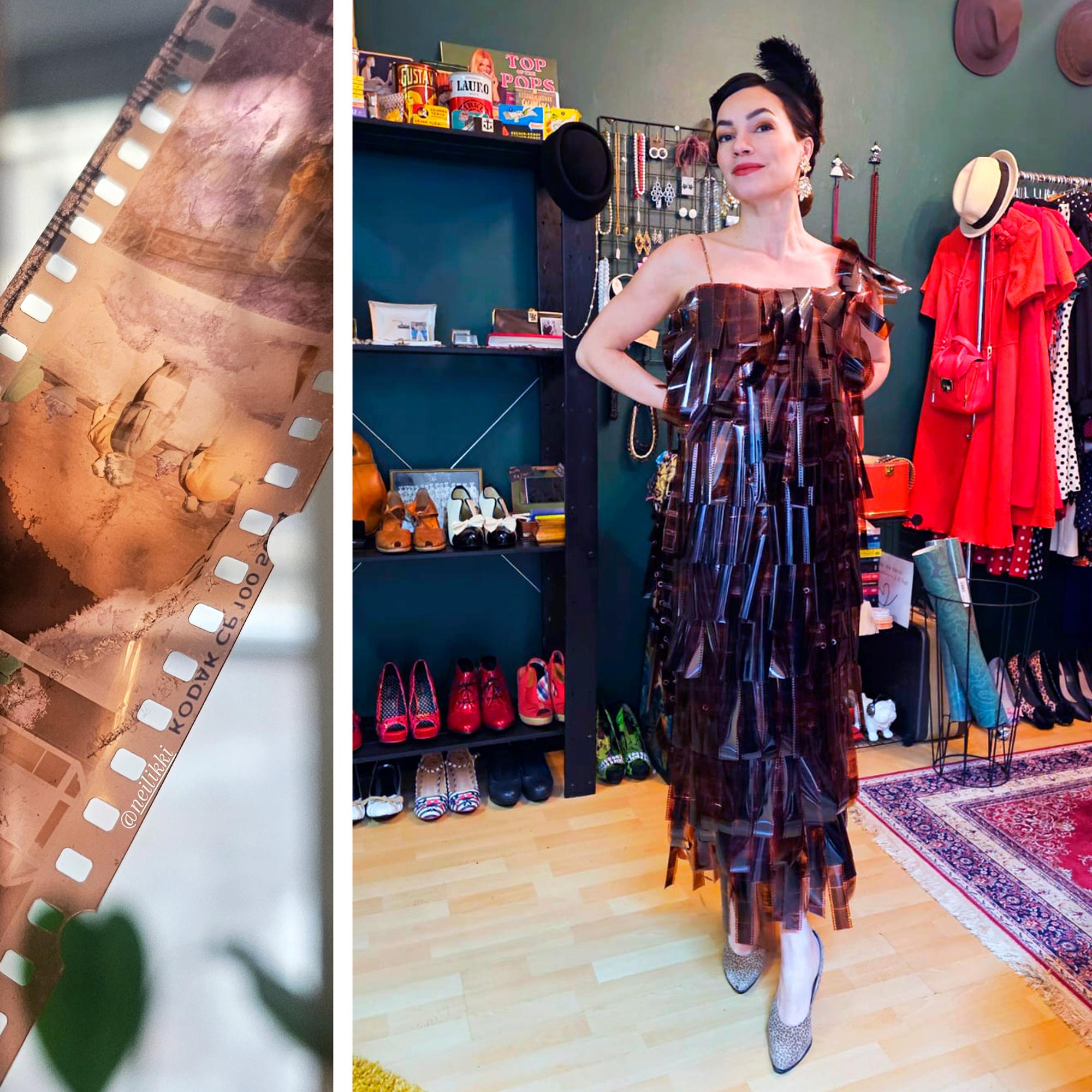 Huikea filmimekko! Foliomekosta tunnettu Päivi Leinikka valmisti Meeri Koutaniemelle iltapuvun valokuvien negatiiveista