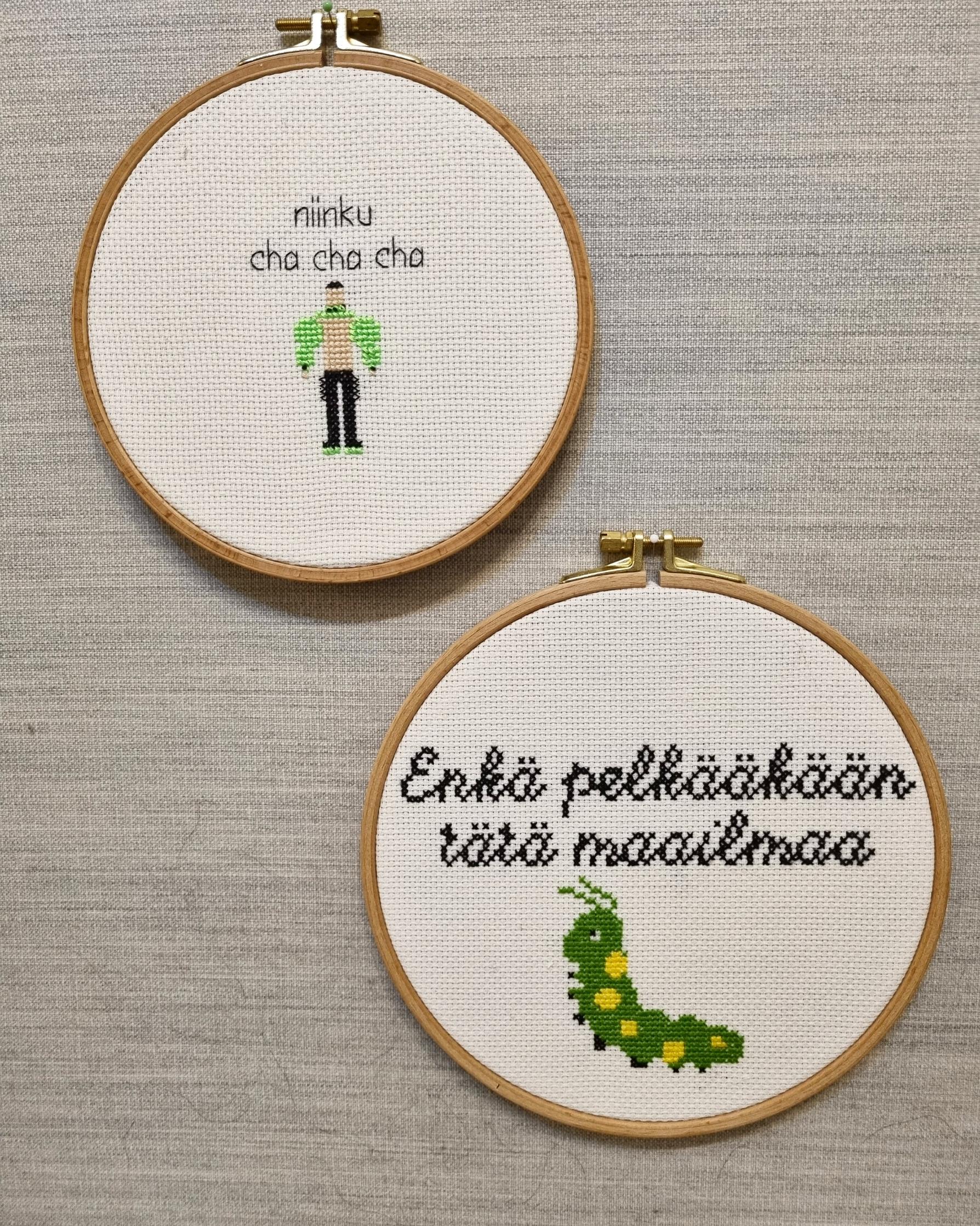 Käärijä-teemaiset ristipistotyöt