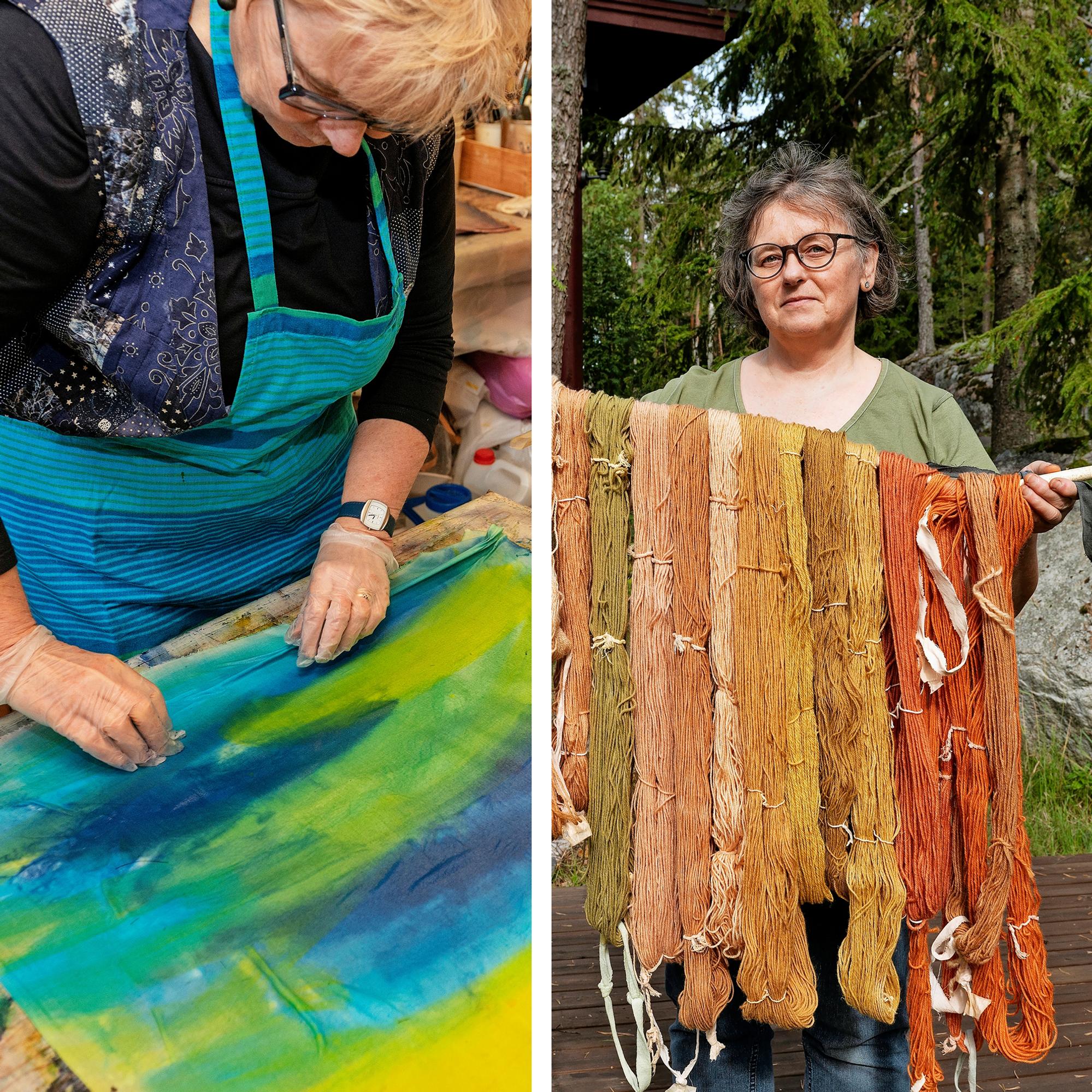 Mitä kaikkea mökillä voikaan harrastaa! Tiina värjää lankaa sienillä, Arja tekee betonitöitä ja Pirjo maalaa kangasta