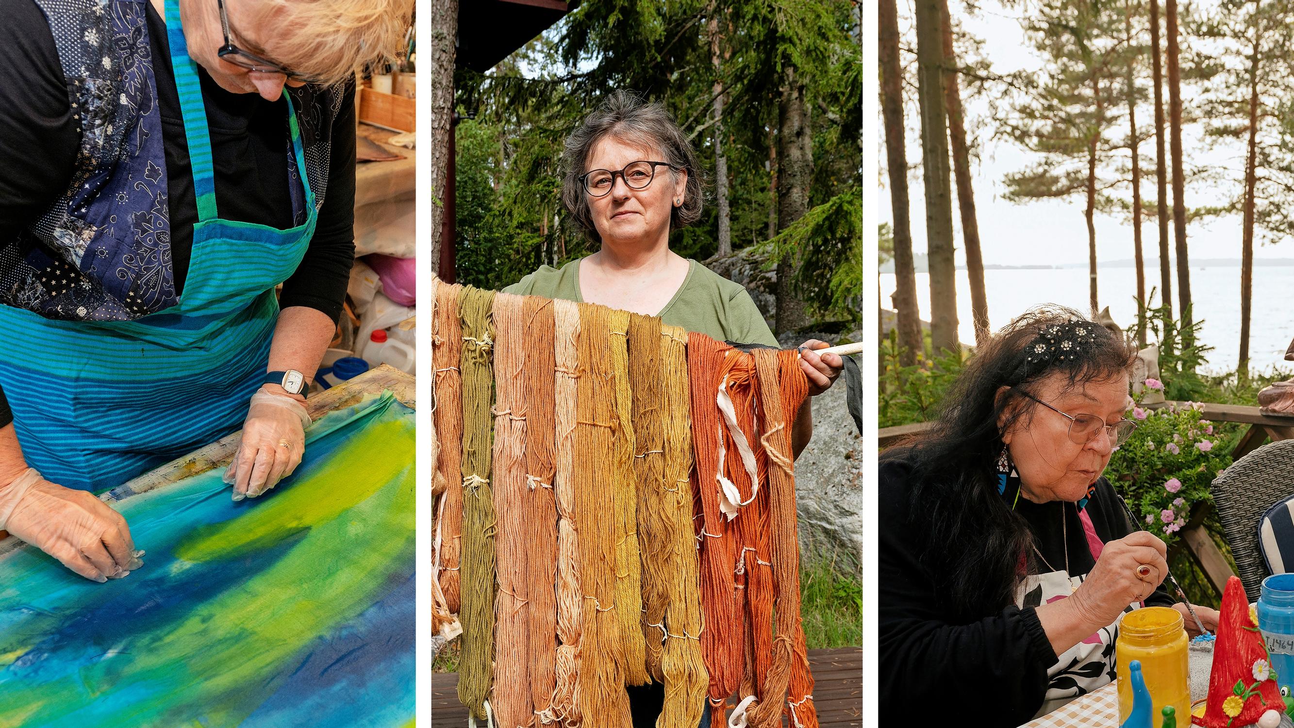 Mitä kaikkea mökillä voikaan harrastaa! Tiina värjää lankaa sienillä, Arja tekee betonitöitä ja Pirjo maalaa kangasta