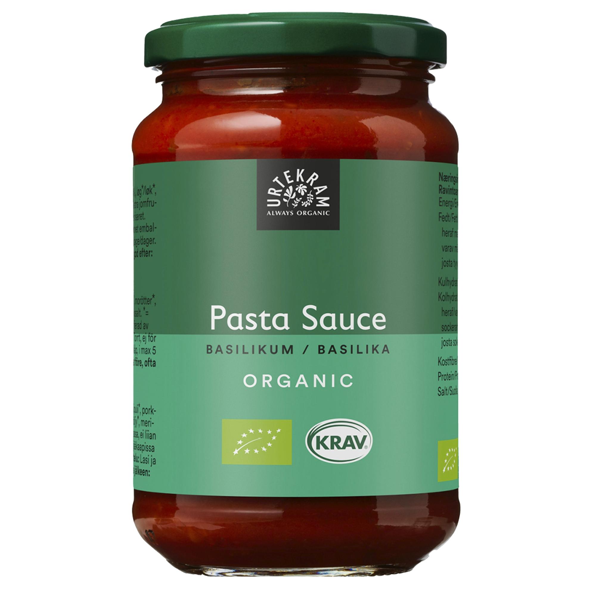 Urtekram pastakastike basilika luomu 350 g, 10,83 €/kg, sokereita 3,5 g/100 g, suolaa 0,48 g/100 g.