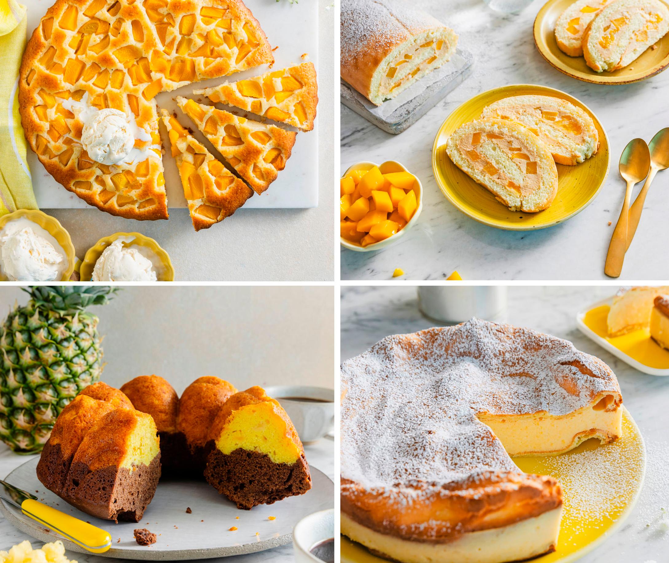 4 × leivonnainen säilykehedelmistä – testaa aprikoosi-rahkakakku, ananas-suklaakakku, mangokääretorttu ja helppo persikkapiirakka