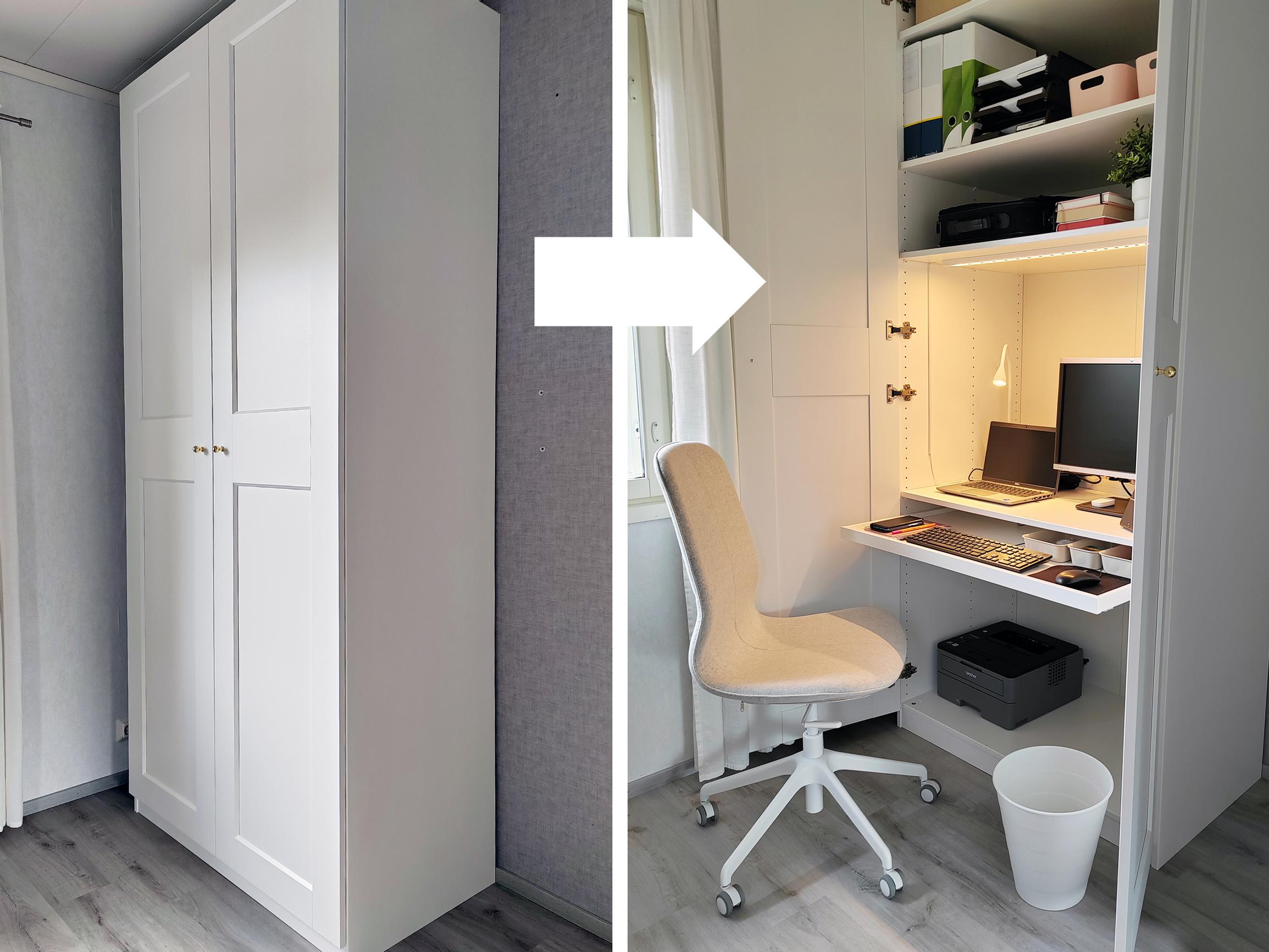 Etätyöpiste vaatekaapissa! Kun sopivaa kotitoimistoa ei löytynyt valmiina, Jaana rakensi sellaisen itse: ”Tuli vielä parempi kuin kuvittelin”