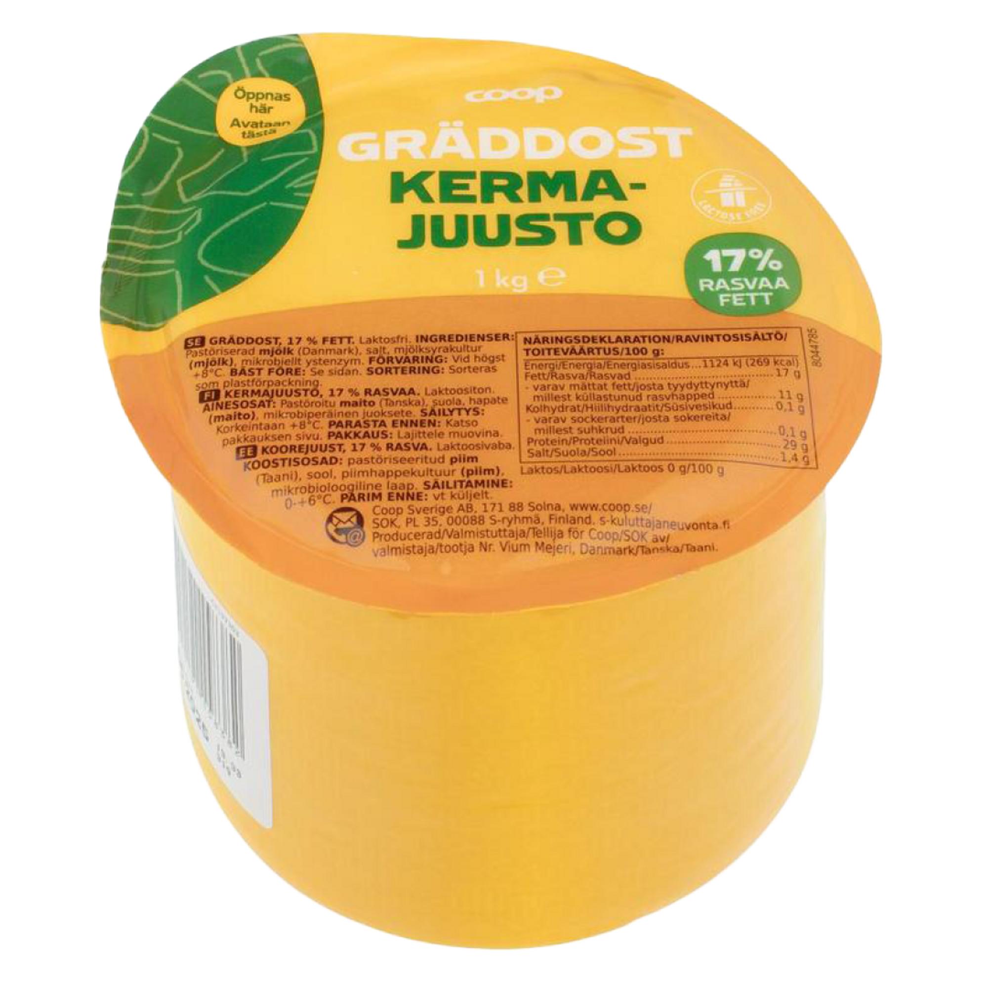 Coop kermajuusto 17 % 1 kg (S-ryhmä), 5,65 € / kg