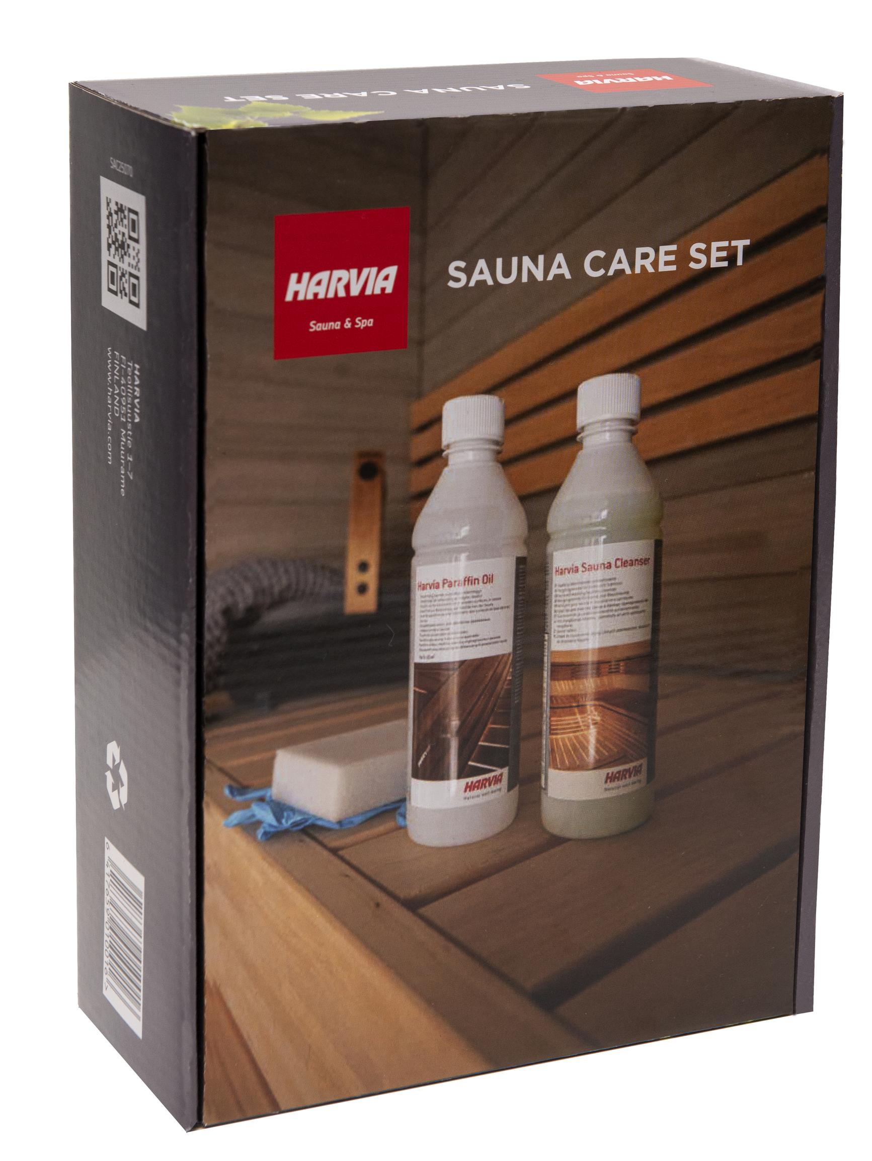Harvia Sauna Care Set -laatikko, kaksi pulloa ja pesusieni