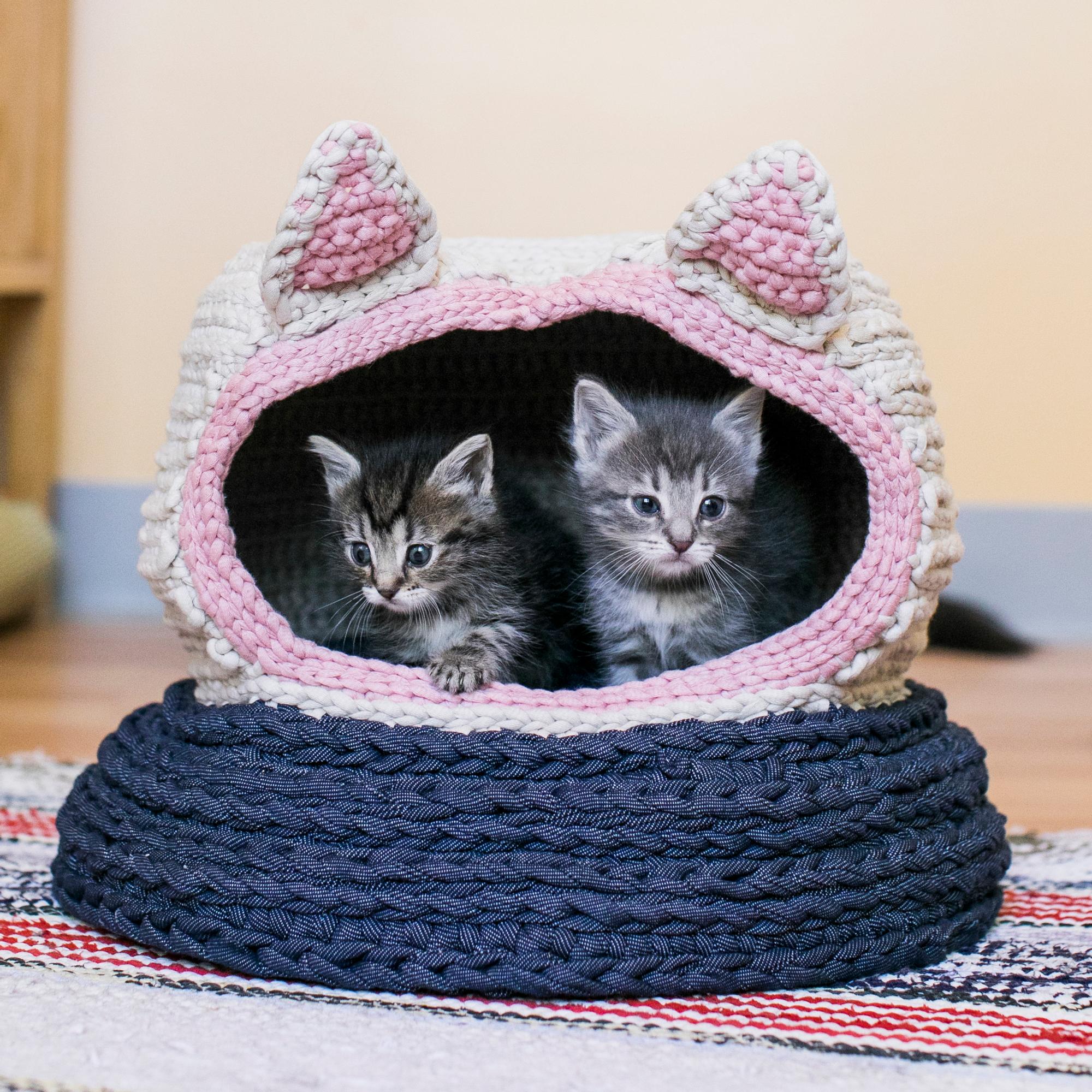 Virkattu kissanpeti tarjoaa turvallisen kotipesän pennulle – kissan kasvaessa pedin katto taipuu pehmikkeeksi