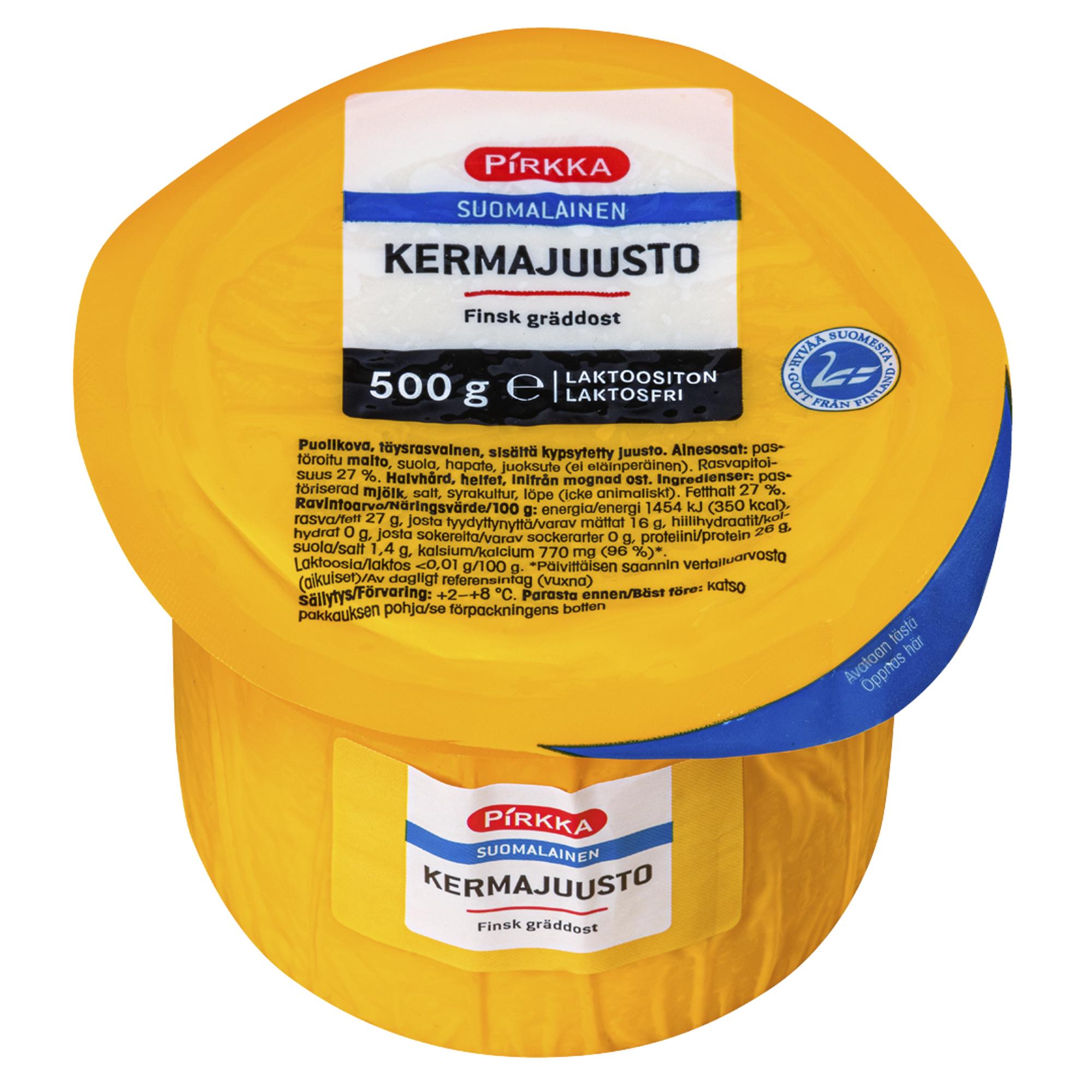 Pirkka suomalainen kermajuusto laktoositon, 4,49 € / 500 g.