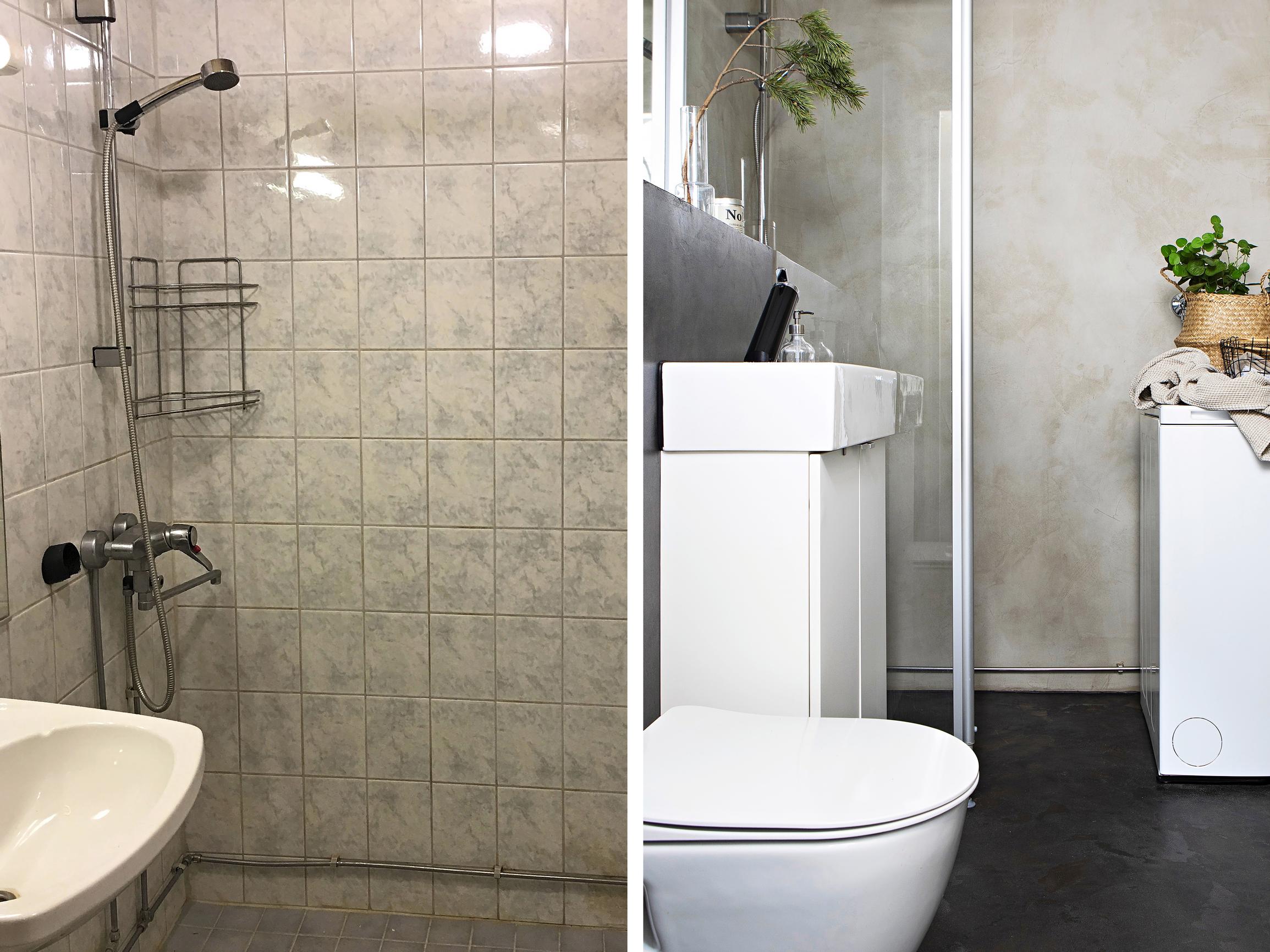 Edullinen kylpyhuoneremontti tasoitteilla – kulahtanut kylppäri uudistui valoisaksi ja toimivaksi parin tonnin pikarempalla