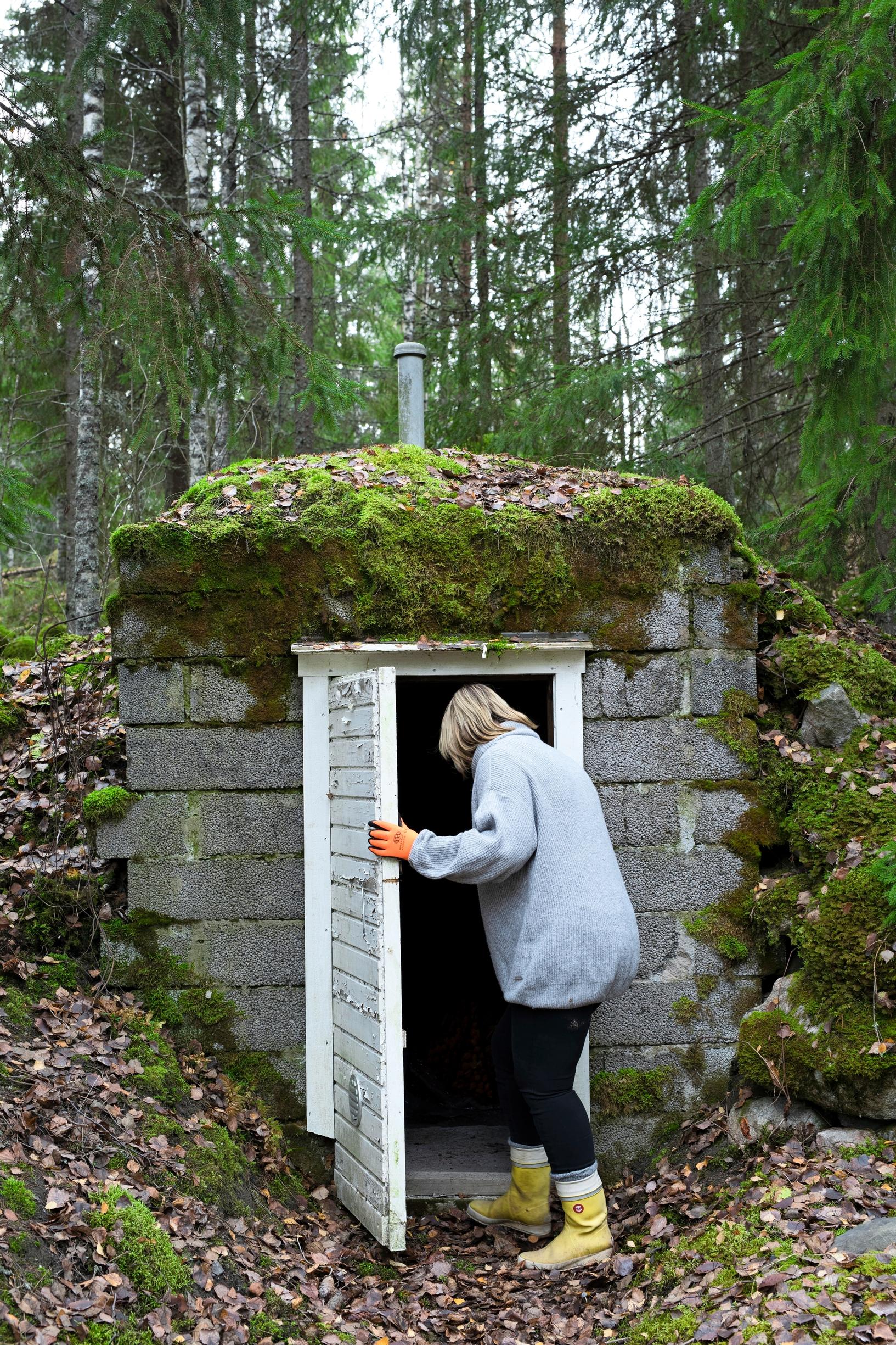 nainen kurkistaa maakellarin ovesta sisään