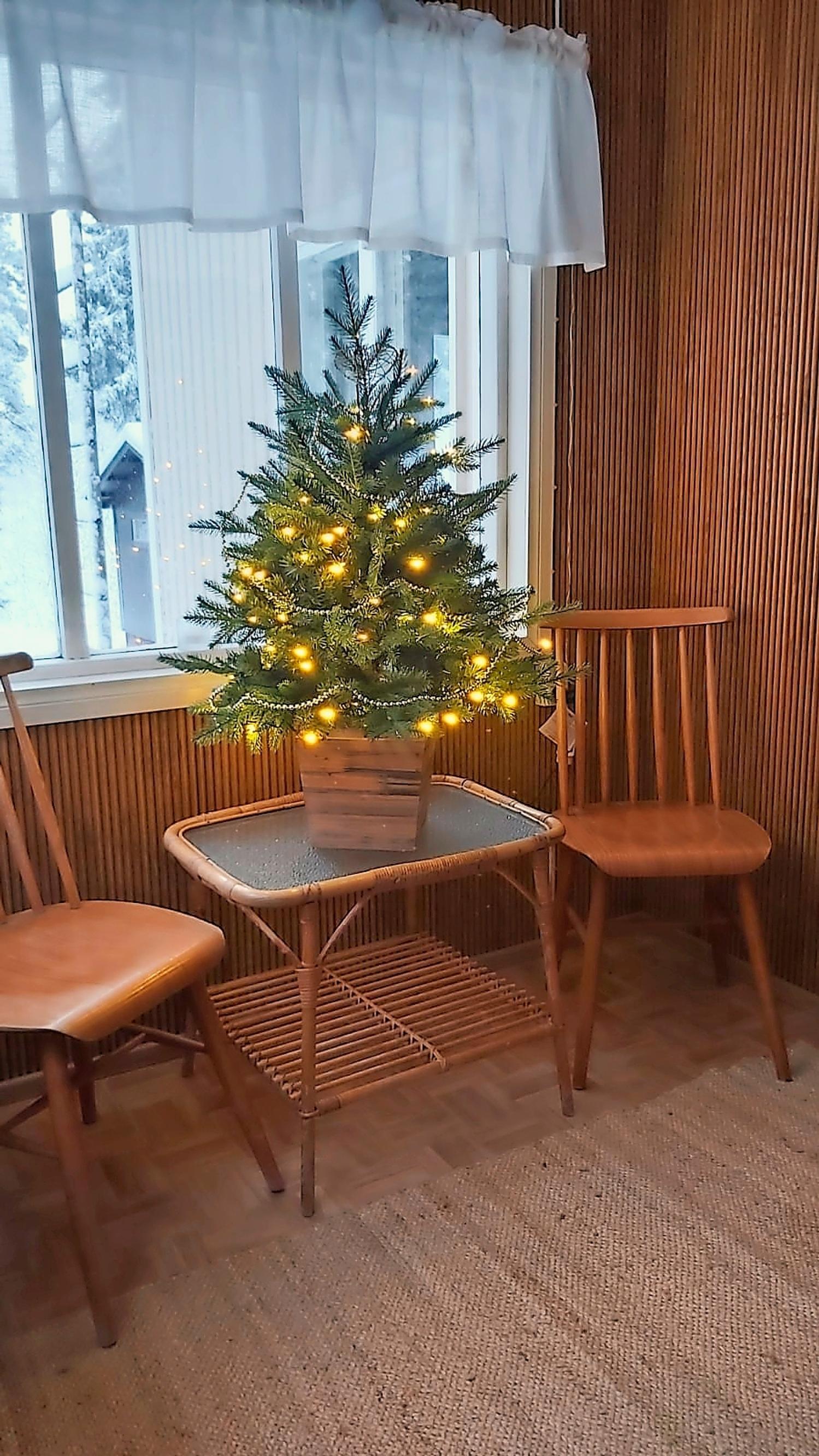 mummonmökissä pinnatuolit ja pieni joulukuusi rottinkipöydällä