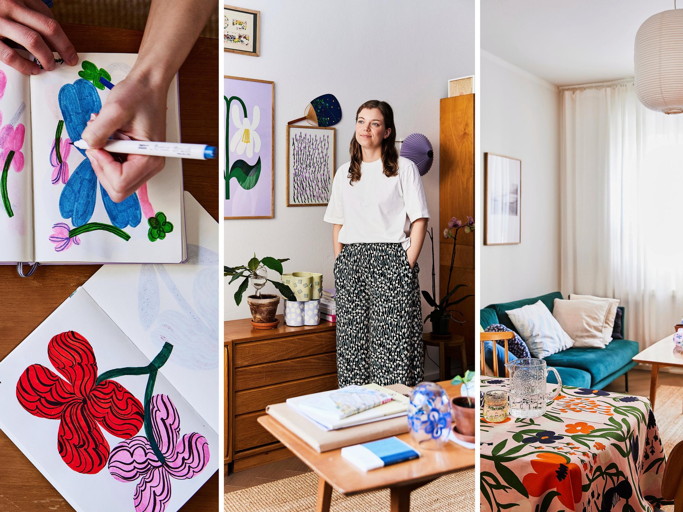 Marimekon kuosisuunnittelija Lotta Maija asuu kompaktissa kaksiossa: ”Keittiön purkamalla saimme erillisen makuuhuoneen”