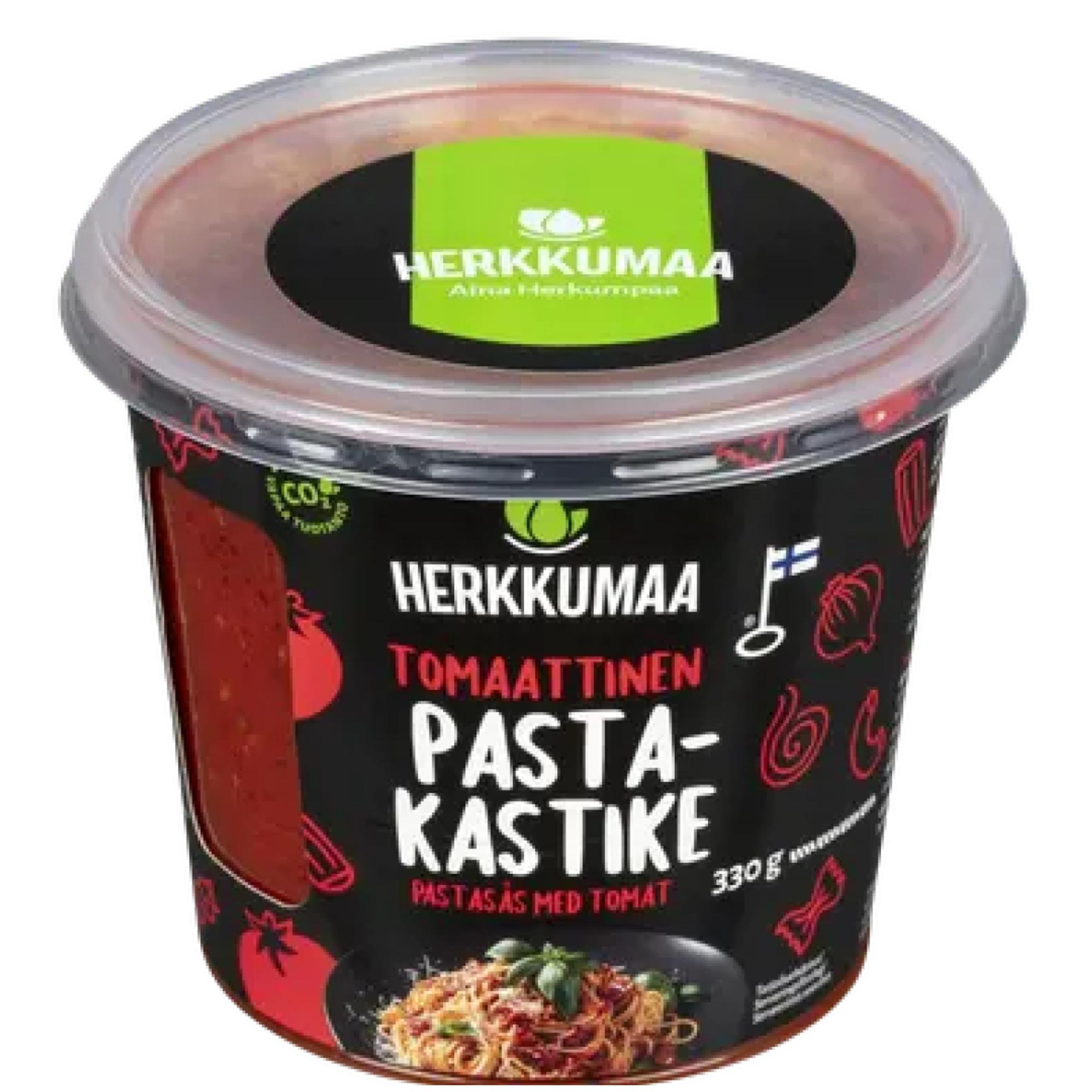 Herkkumaa Tomaattinen Pastakastike 330 g, 7,24 €/kg, sokereita 6,9 g/100 g, suolaa 0,97 g/100 g.