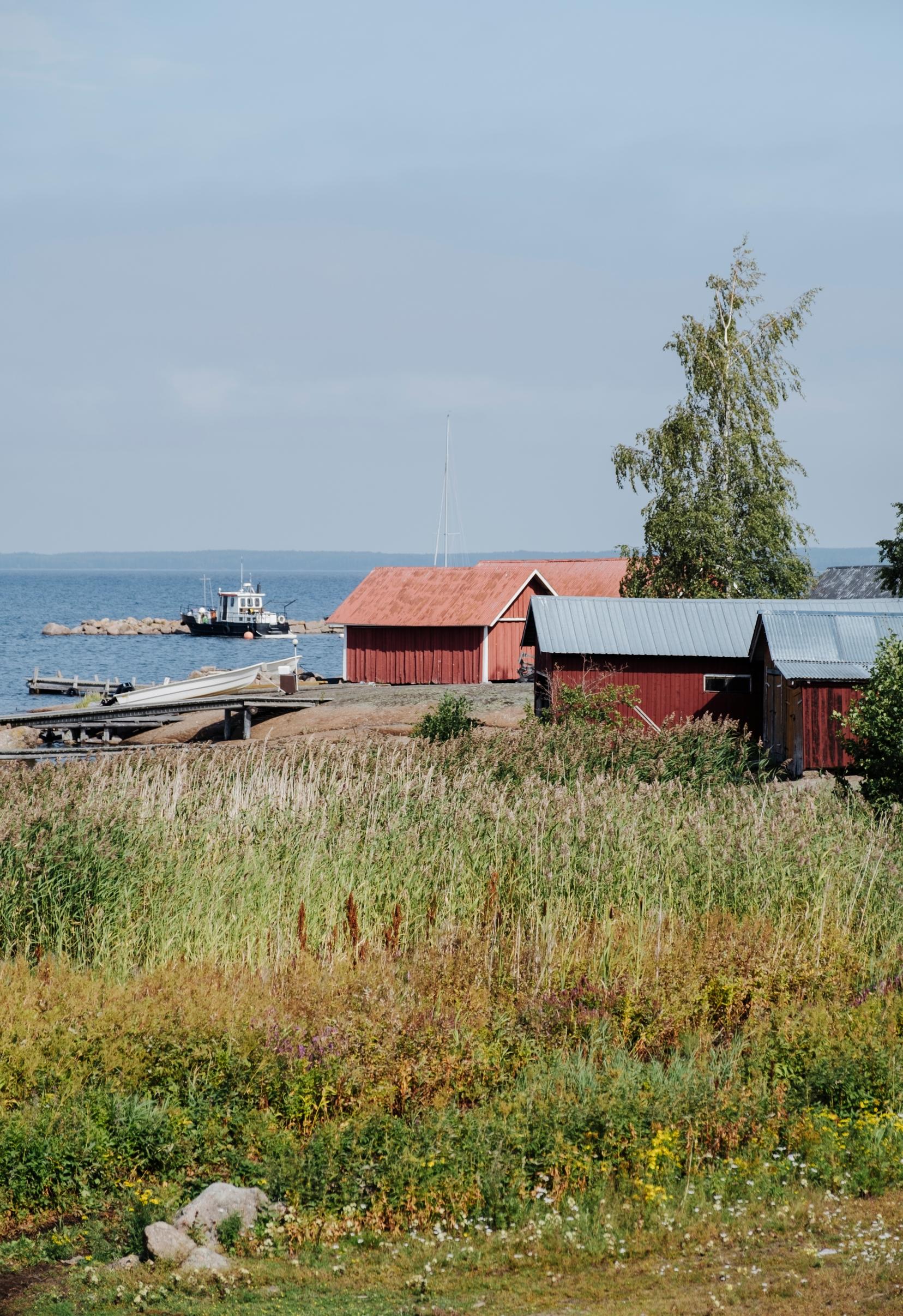 Haminalaisen Tammion saaren kylämiljöö punaisine venevajoineen