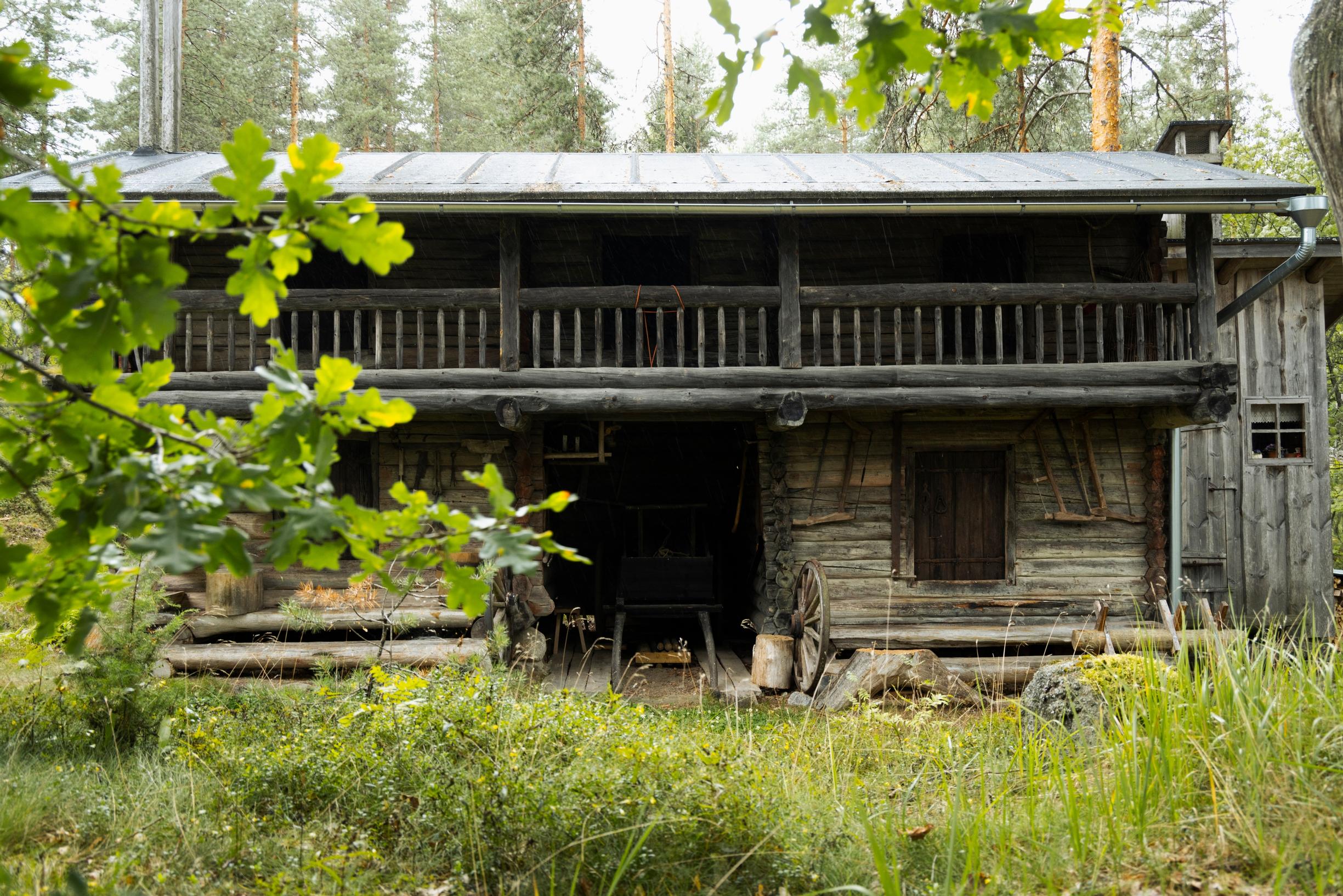 kaksikerroksinen luhtiaitta edestä, puita ja heinää