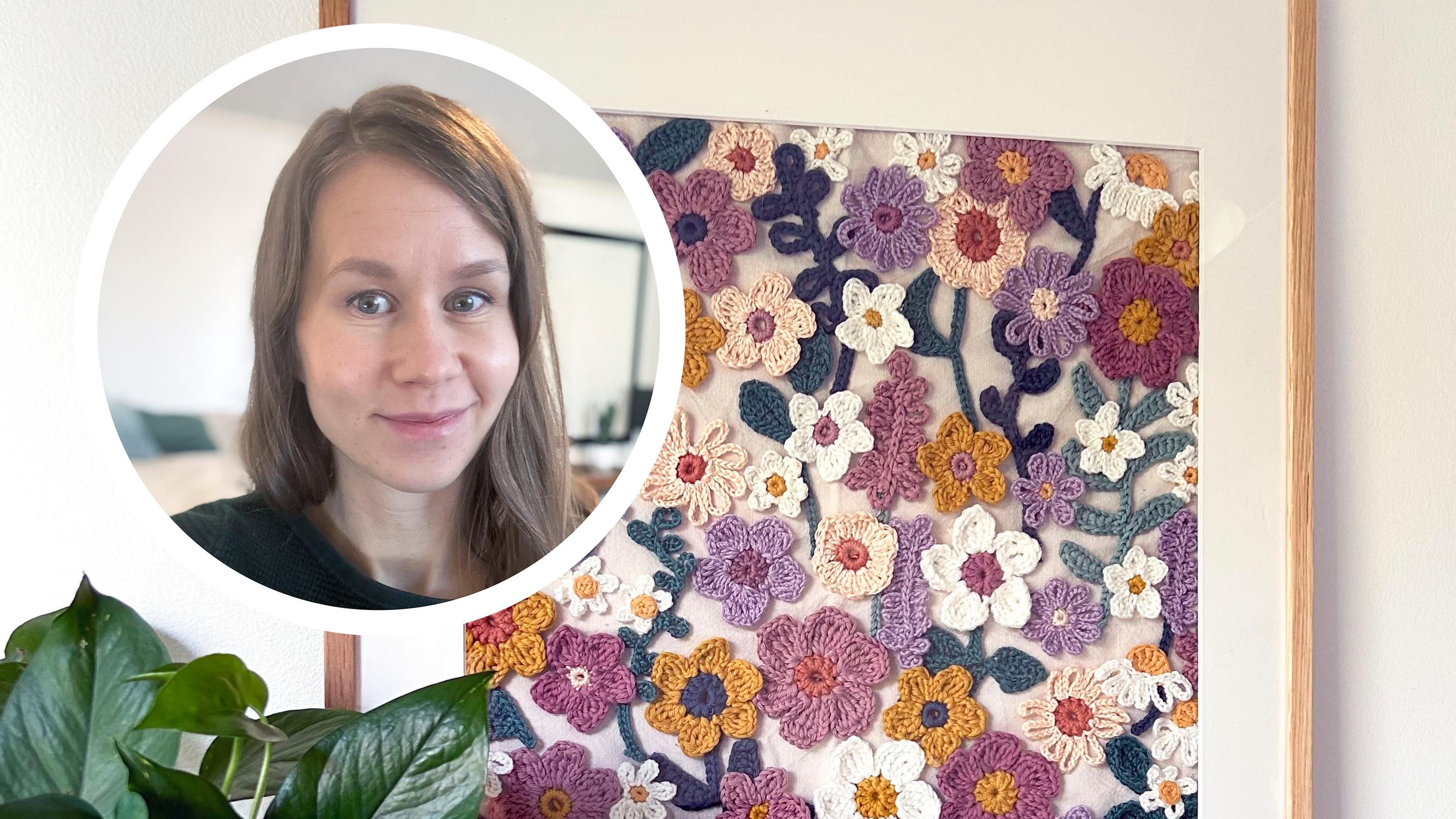 Maarit virkkasi hurmaavan taulun pussillisesta jämälankoja – ”Kun maalaus ei onnistunut, sain unelmieni kukkataulun virkkaamalla”