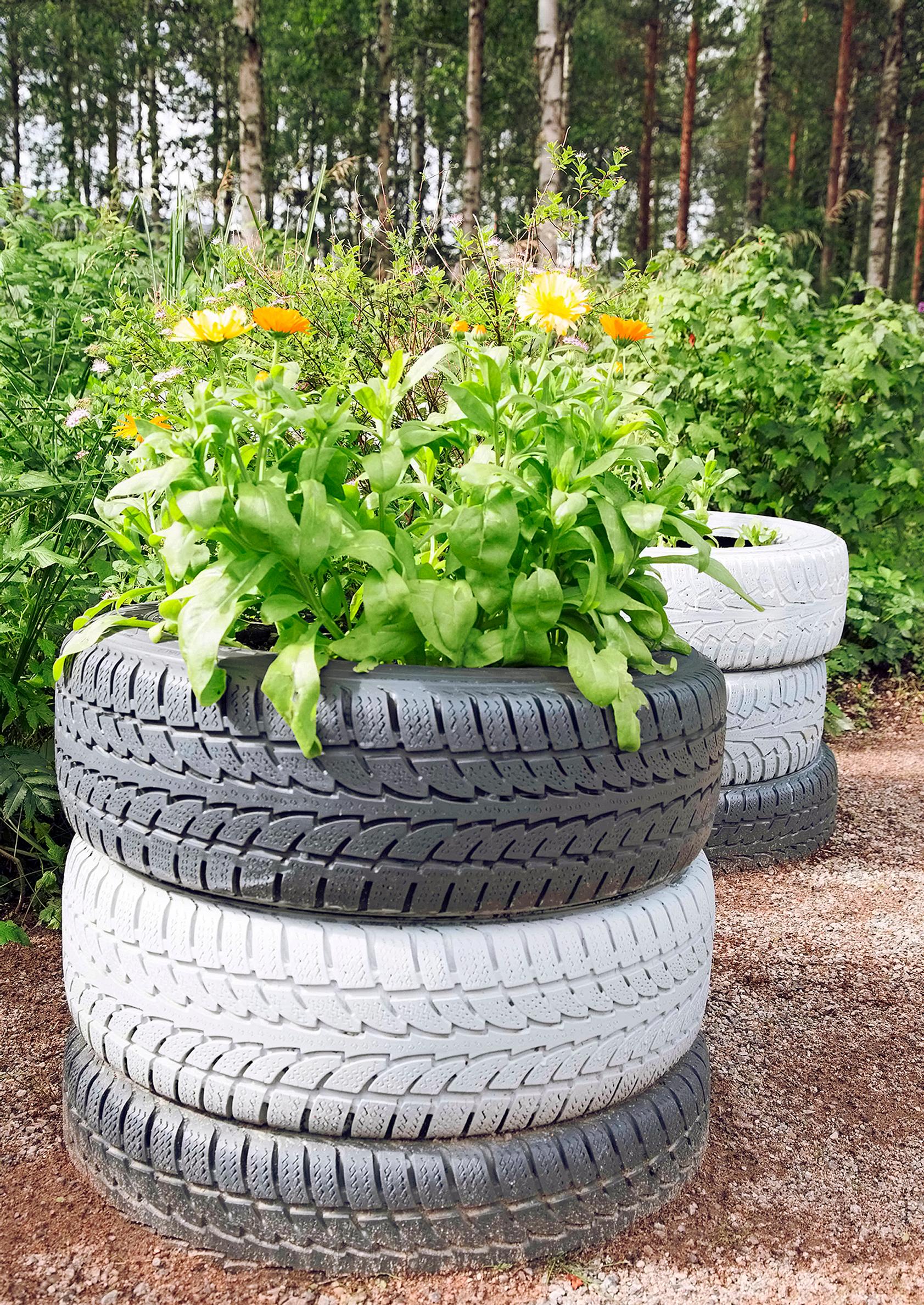 Autonrenkaista koottu kesäkukkaistutus