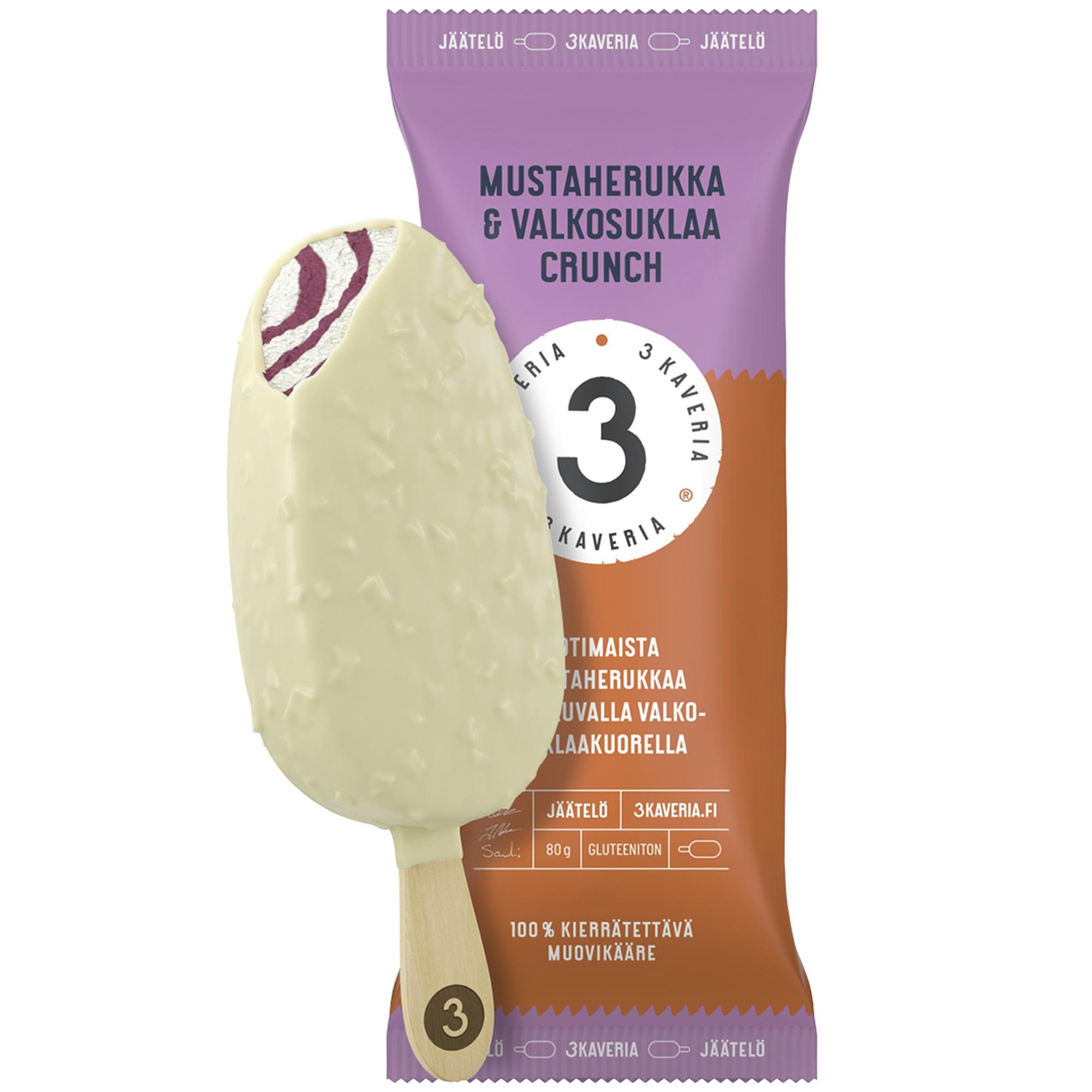 Kolme Kaveria Mustaherukka & valkosuklaa crunch, 2,95 € / 80 g.