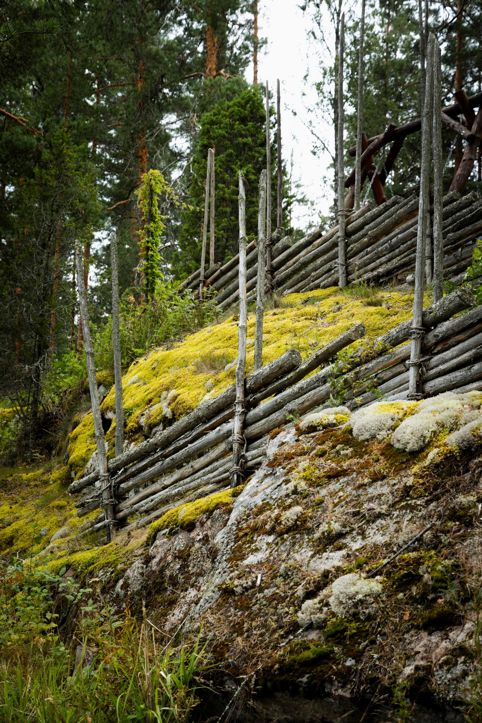 kahdessa rivissä rinteessä riukuaitaa, kiviä ja metsää